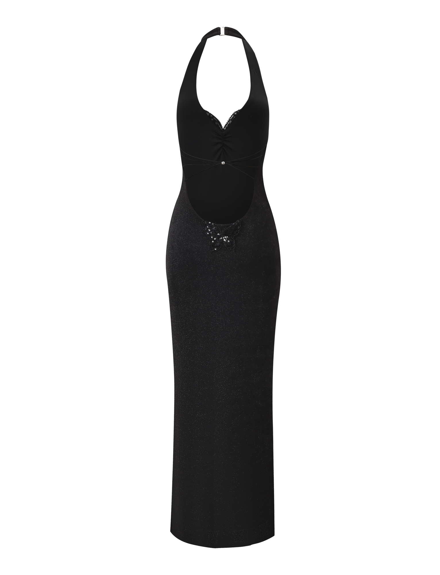 The ASTORIA MAXI DRESS - BLACK by TIGERMIST is a sleeveless, floor-length glitter maxi with a halter neckline, front cutout below the bust, and form-fitting silhouette, shown on a plain white background.