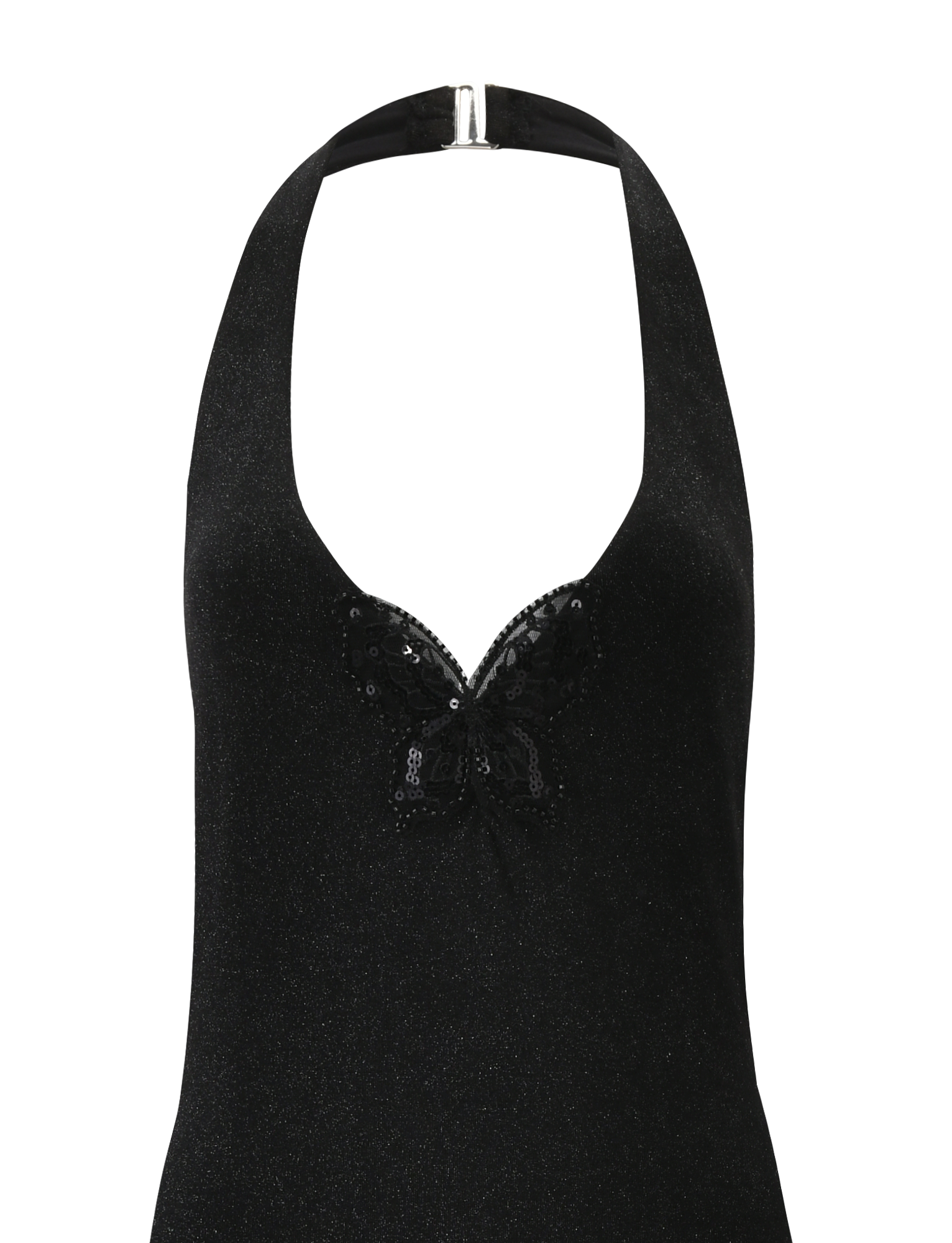 The ASTORIA MAXI DRESS - BLACK by TIGERMIST is a halter bodycon maxi with a deep neckline, sequin butterfly appliqué at the chest, and subtle shimmer throughout.