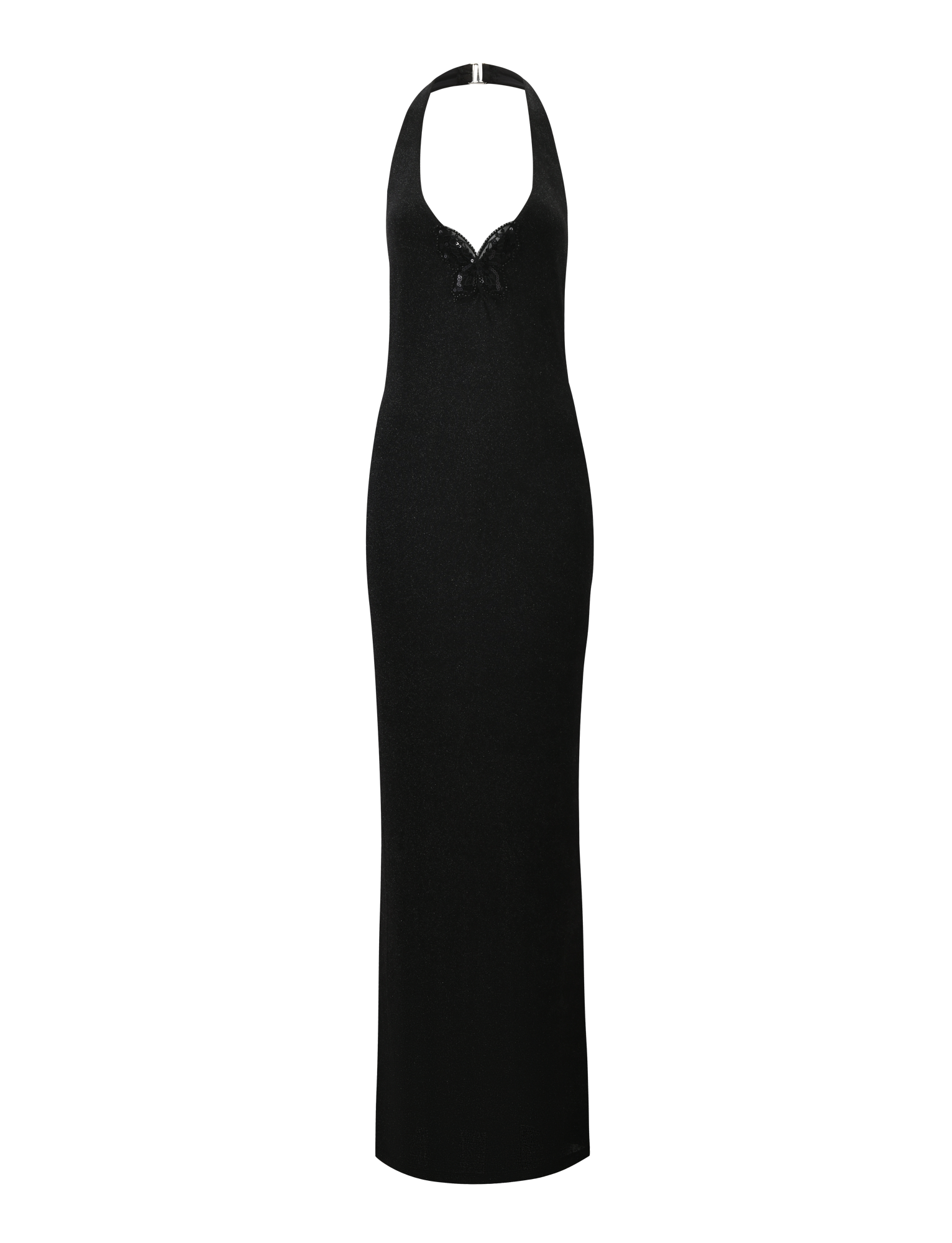 The TIGERMIST ASTORIA MAXI DRESS - BLACK is a sleeveless, full-length glitter maxi with a halter bodycon silhouette, deep V-neckline, and decorative chest bow, shown against a plain white background.