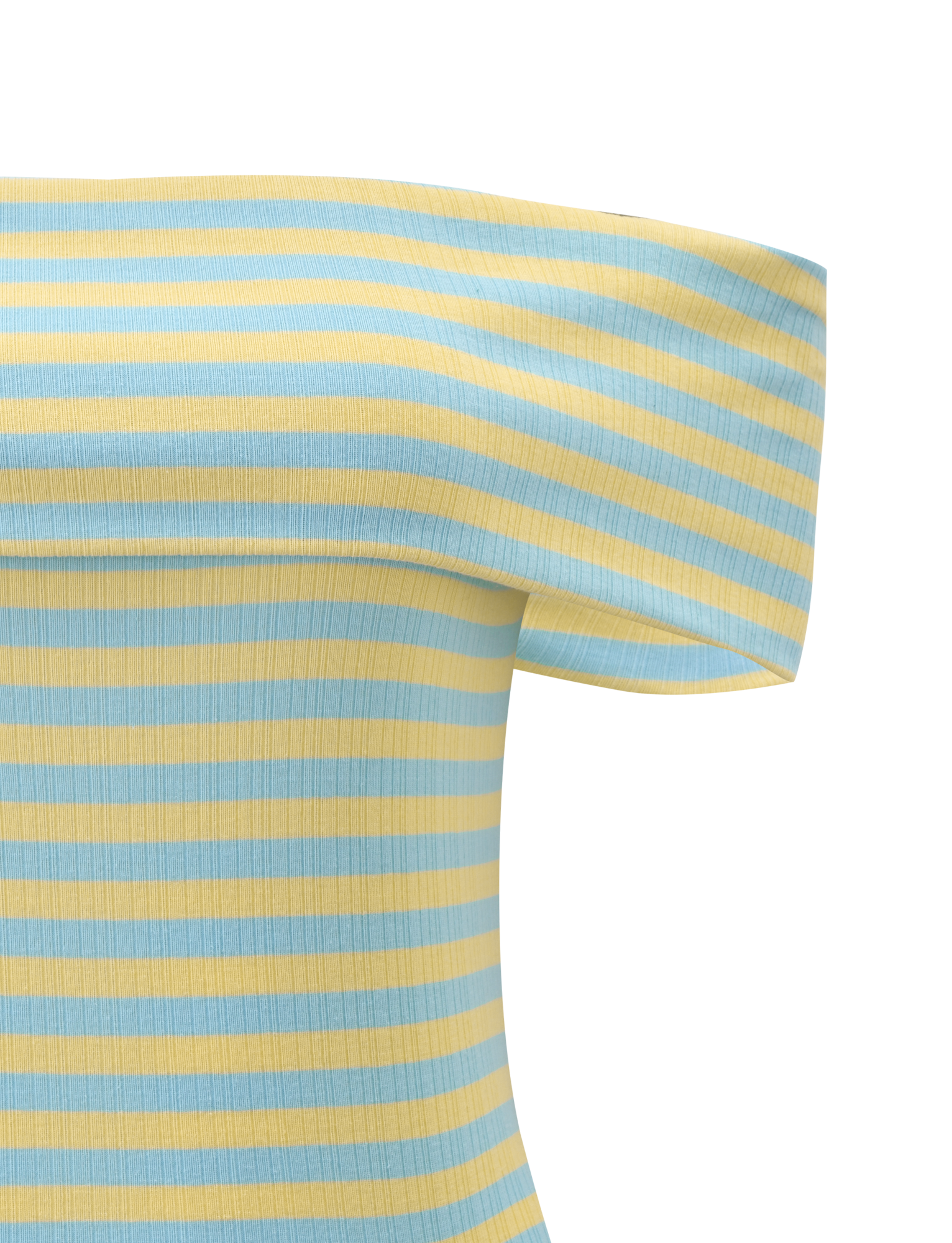 The LISETTE TOP - YELLOW STRIPE by TIGERMIST features a ribbed, textured knit with pastel yellow and light blue horizontal stripes and an off-the-shoulder neckline.