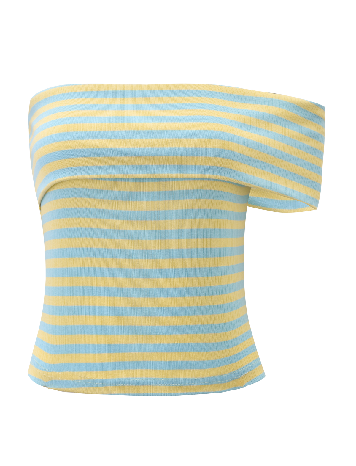 The LISETTE TOP - YELLOW STRIPE by TIGERMIST is a blue and yellow striped, off-the-shoulder, ribbed knit top with short sleeves and a fitted silhouette, shown against a white background.