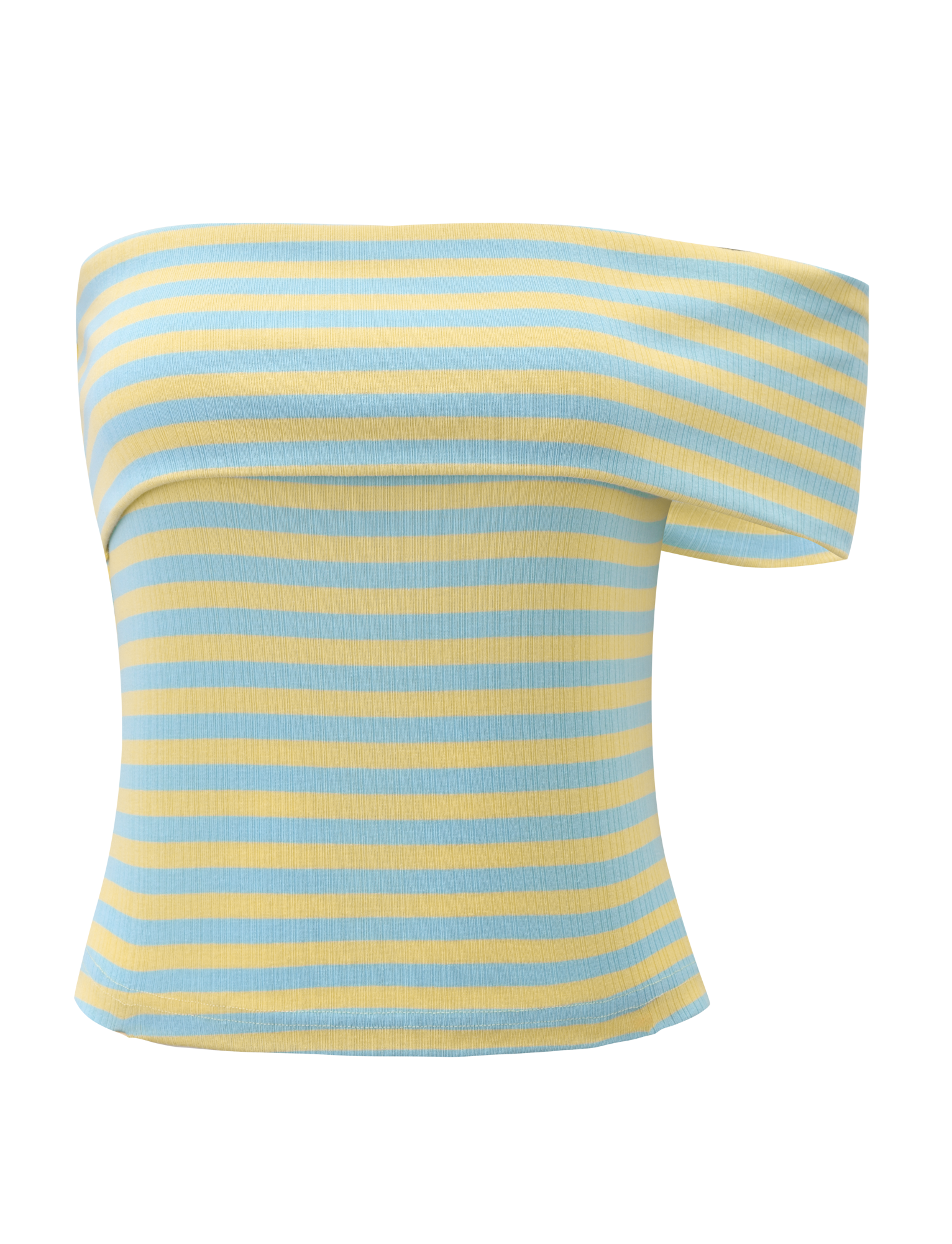 The LISETTE TOP - YELLOW STRIPE by TIGERMIST is a blue and yellow striped, off-the-shoulder, ribbed knit top with short sleeves and a fitted silhouette, shown against a white background.