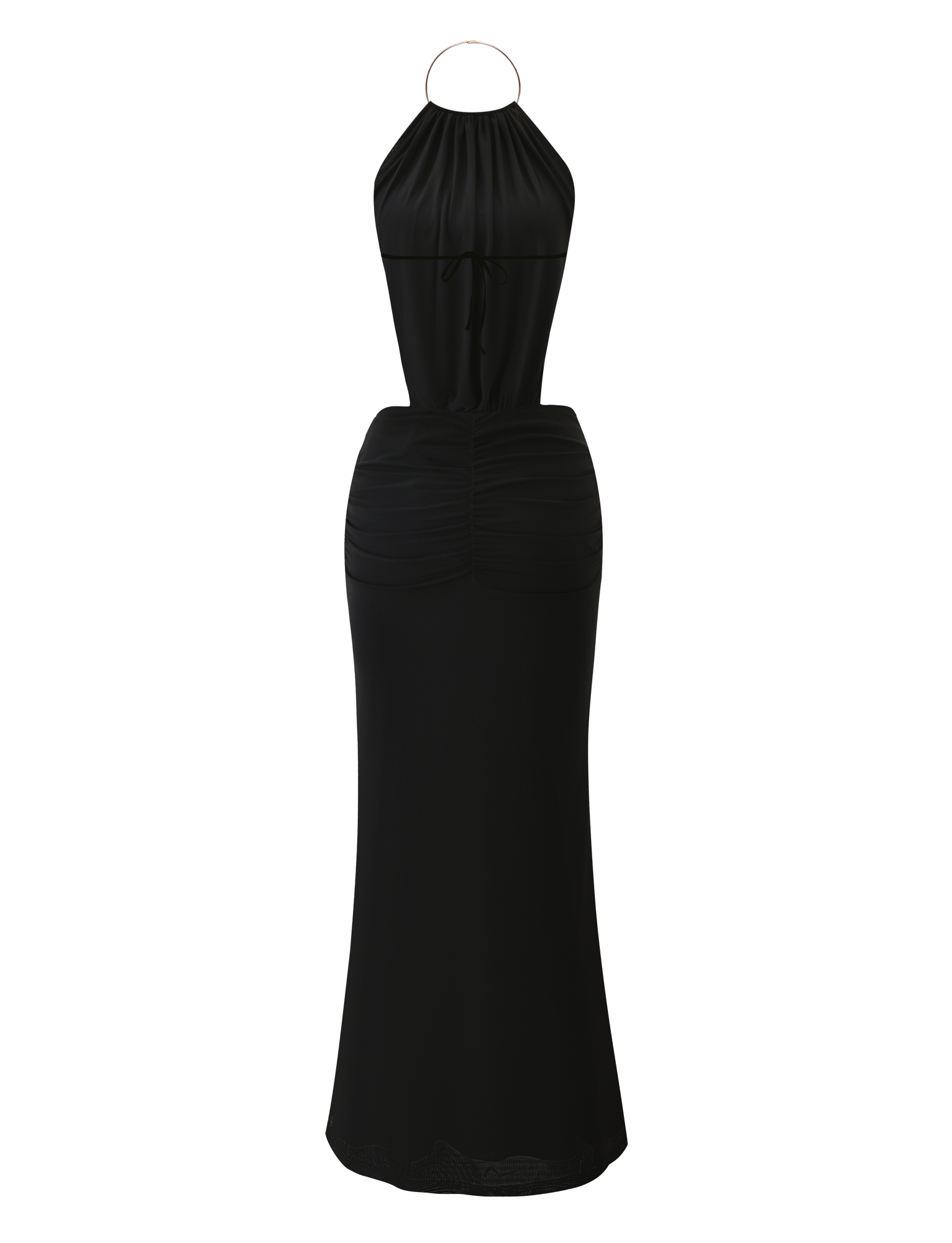 The TIGERMIST EVANNA MAXI DRESS - BLACK is a long, sleeveless high neck dress with a fitted ruched waist and flared skirt, shown on a plain white background.
