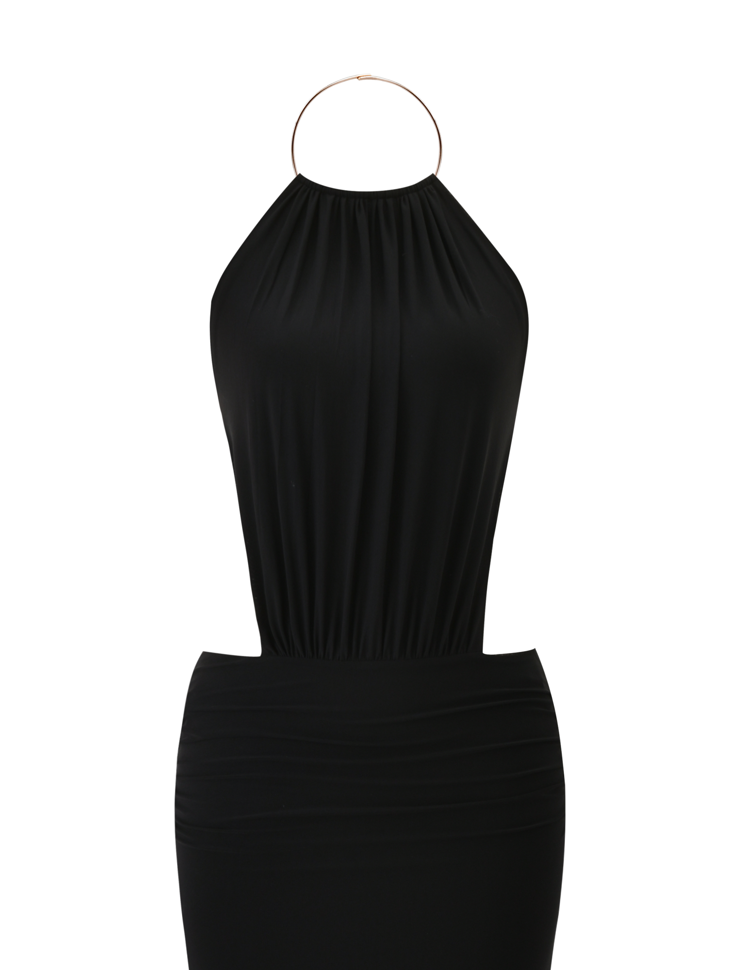 The TIGERMIST EVANNA MAXI DRESS - BLACK features a sleeveless high neck design with a gold strap, gathered neckline, and fitted ruched skirt, shown against a white background.