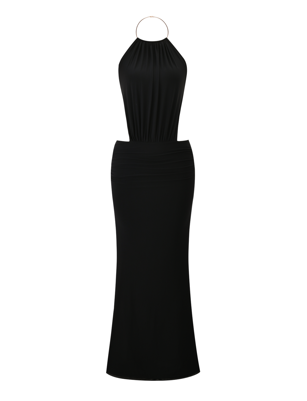 The EVANNA MAXI DRESS by TIGERMIST is a sleeveless black high-neck dress featuring a fitted waist and a long, straight skirt, shown on a plain white background.