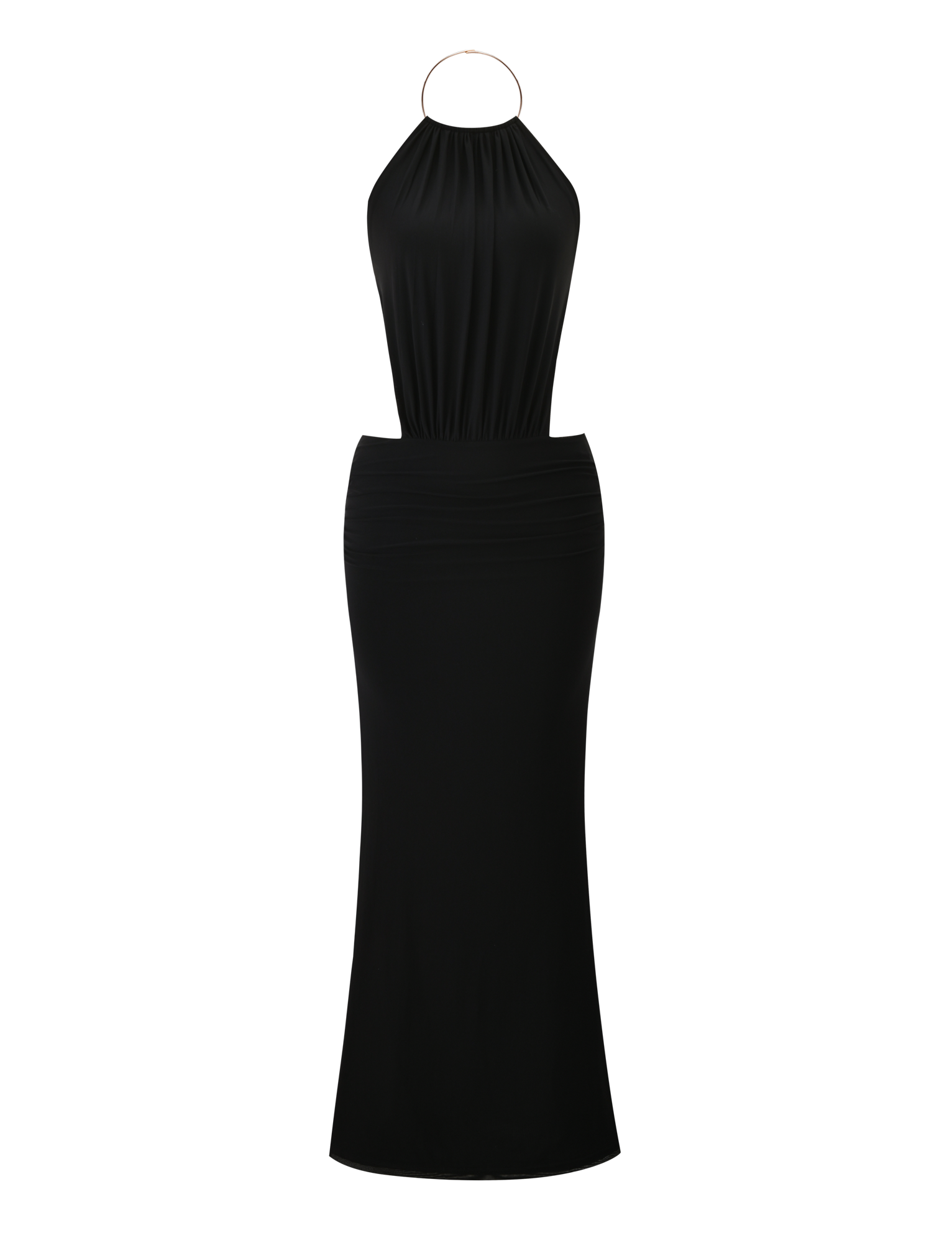 The EVANNA MAXI DRESS by TIGERMIST is a sleeveless black high-neck dress featuring a fitted waist and a long, straight skirt, shown on a plain white background.