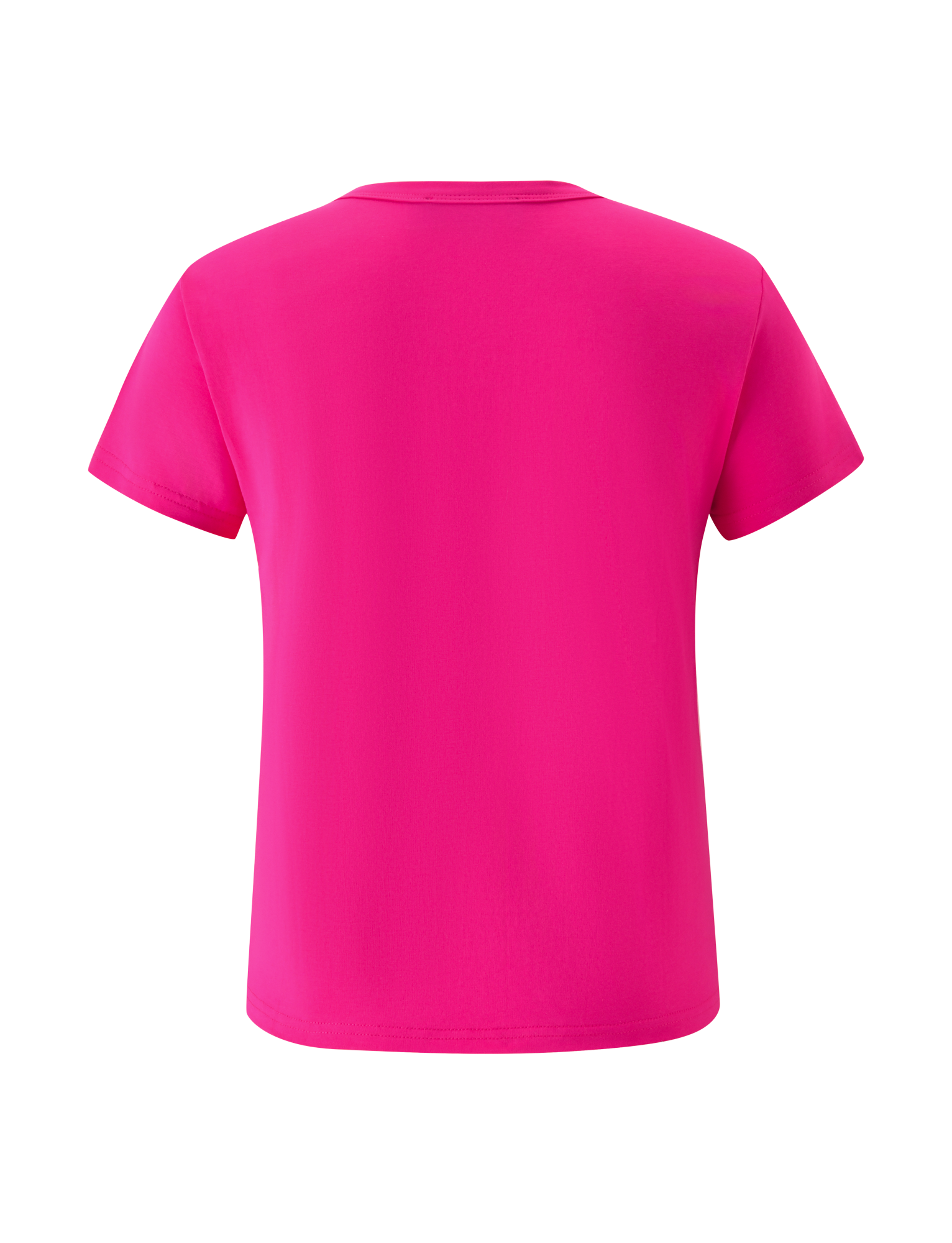 The BELLA BABY TEE - HOT PINK by TIGERMIST is displayed from the back against a white background, showcasing this classic short-sleeve T-shirt’s vibrant pop of personality.