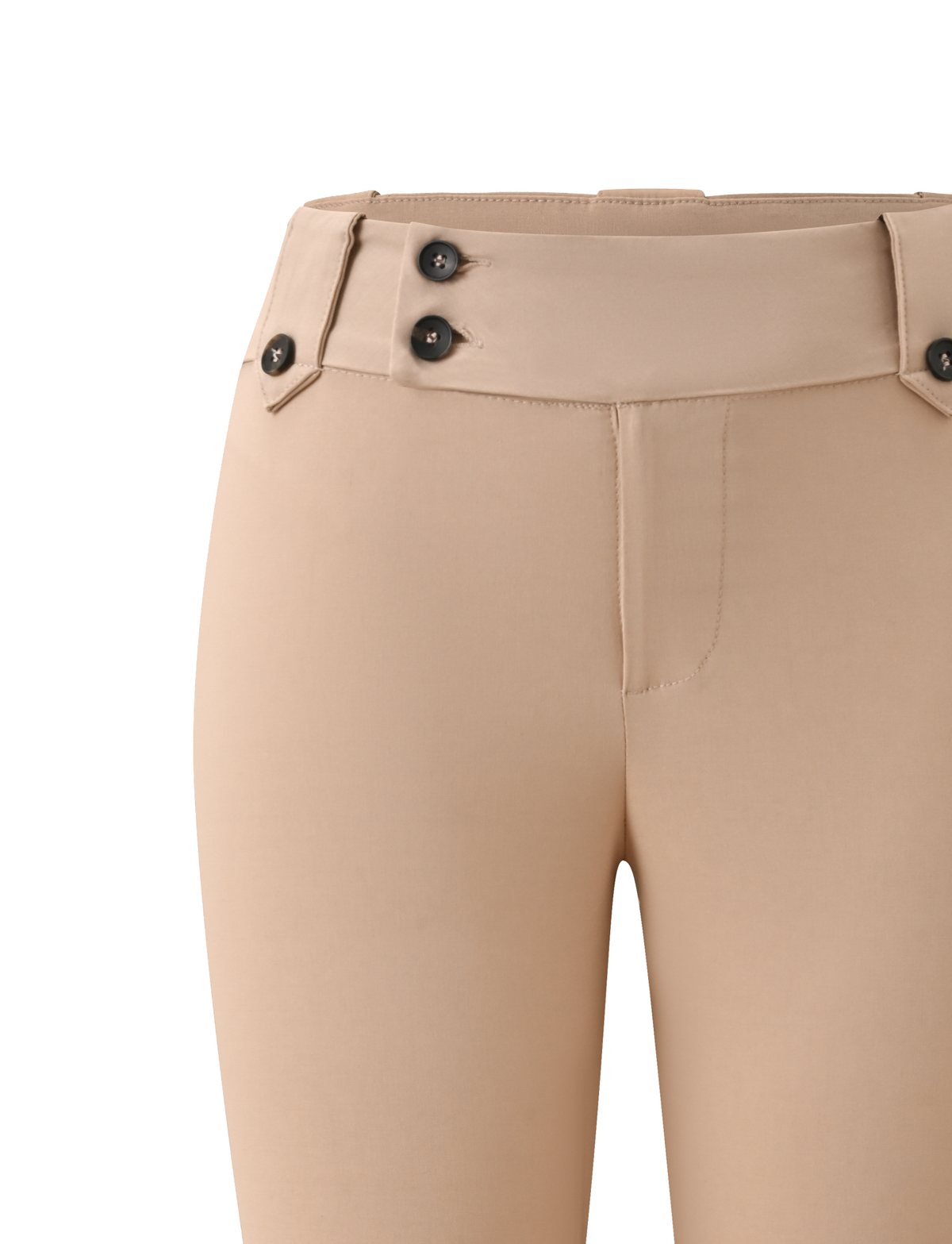Close-up of the ARIA CAPRI - KHAKI by TIGERMIST, showcasing tan khaki capri pants with a high-waisted design featuring two overlapping flaps, each fastened with two black buttons. The tailored fit highlights the smooth fabric texture for a polished and refined look.