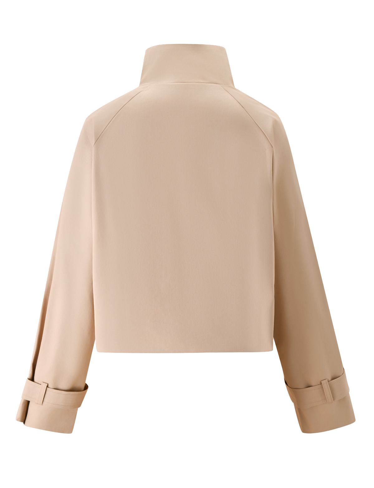 The HAYLEY CROPPED TRENCH JACKET - KHAKI by TIGERMIST is shown from the back, featuring long sleeves with adjustable cuffs and a high collar. The minimalist design boasts clean lines and no visible embellishments.
