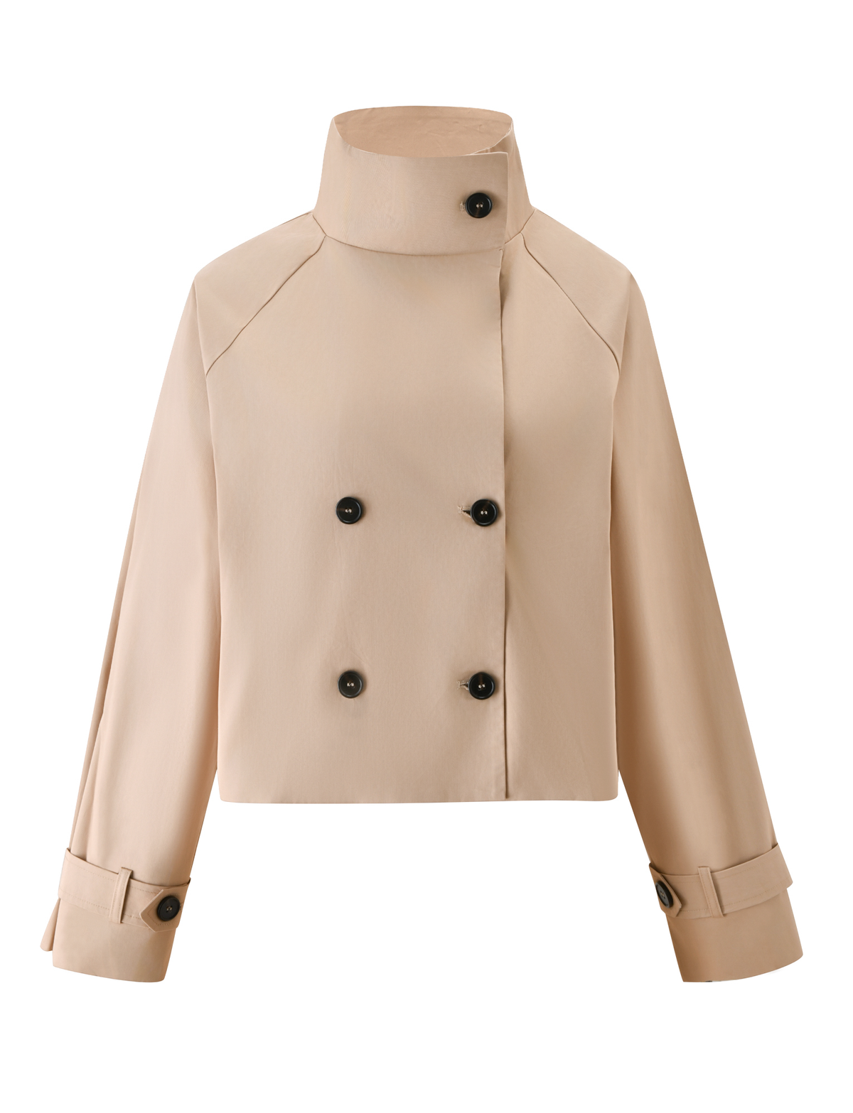Khaki cropped double-breasted jacket with black buttons, high collar, and long sleeves featuring buttoned cuffs, displayed on a white background. This stylish piece from TIGERMIST is the HAYLEY CROPPED TRENCH JACKET, inspired by the classic cropped trench design.