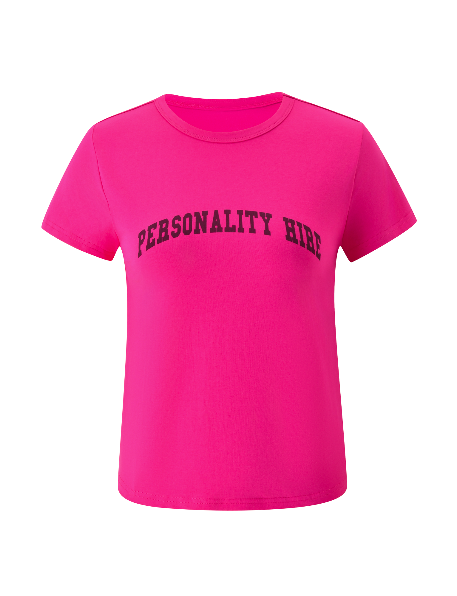The TIGERMIST BELLA BABY TEE in hot pink features a vibrant short-sleeve design with “PERSONALITY HIRE” boldly printed in black across the chest, offering a playful and standout twist on classic vintage graphic tees—all showcased against a clean white background.