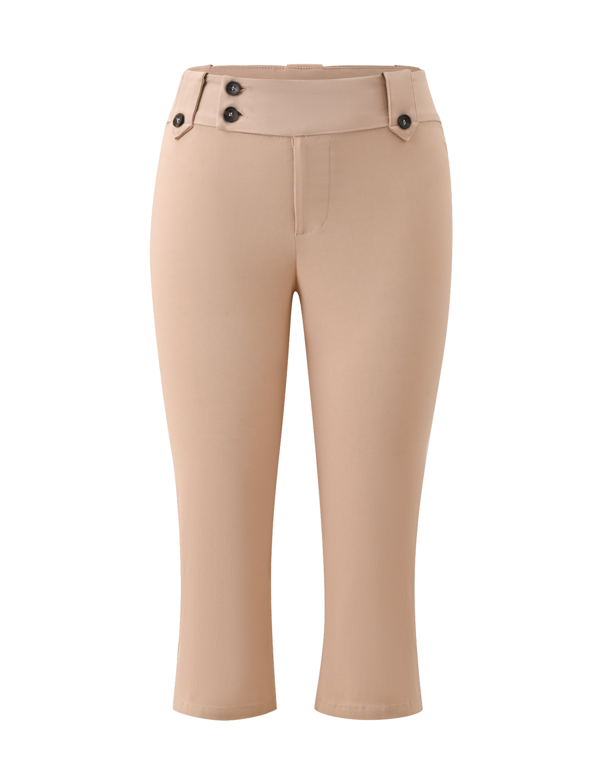 Discover the ARIA CAPRI - KHAKI by TIGERMIST, featuring a high waistband, button details at the top, and a slim fit silhouette. These tailored capri pants offer a polished look with no visible pockets for a seamless finish.