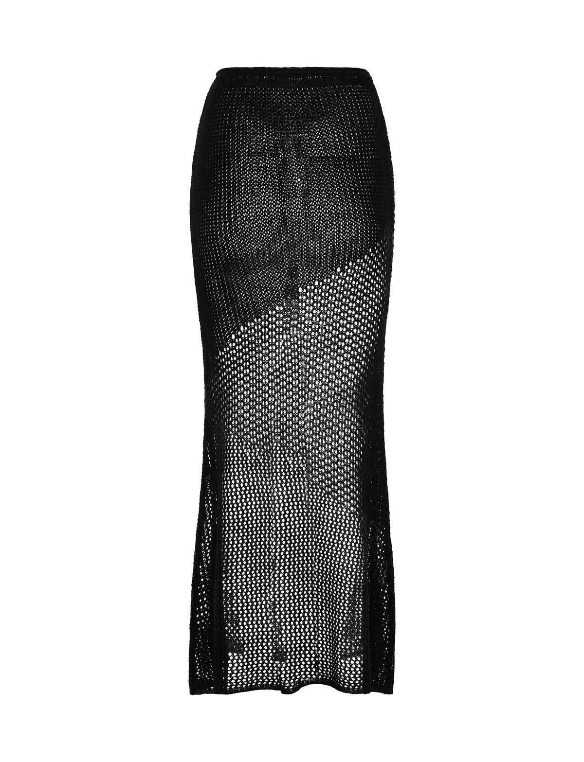 The MACAULEY Skirt in black from TIGERMIST is a full-length mesh skirt featuring a high waistband and a subtle asymmetrical design. The see-through fabric has a textured, open-weave pattern that creates a stylish, sheer effect, showcasing the legs. With its straight hemline and slim fit, it combines elegance with modern flair.