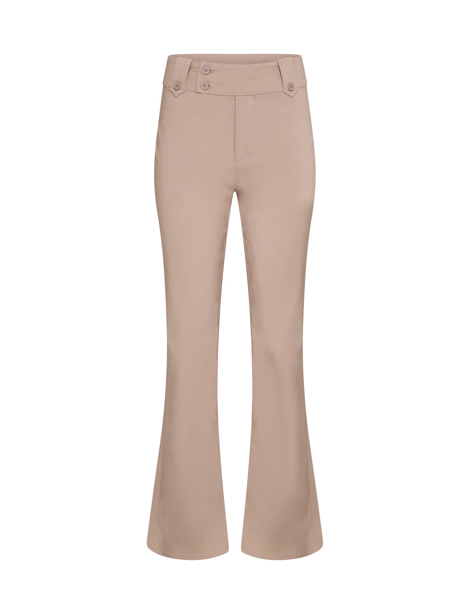 A pair of beige "Kittie High Rise Pant" from TIGERMIST is displayed against a white background. These tan, high-waisted, flared pants feature a fitted waist with a button and hook closure at the front, along with side pockets.