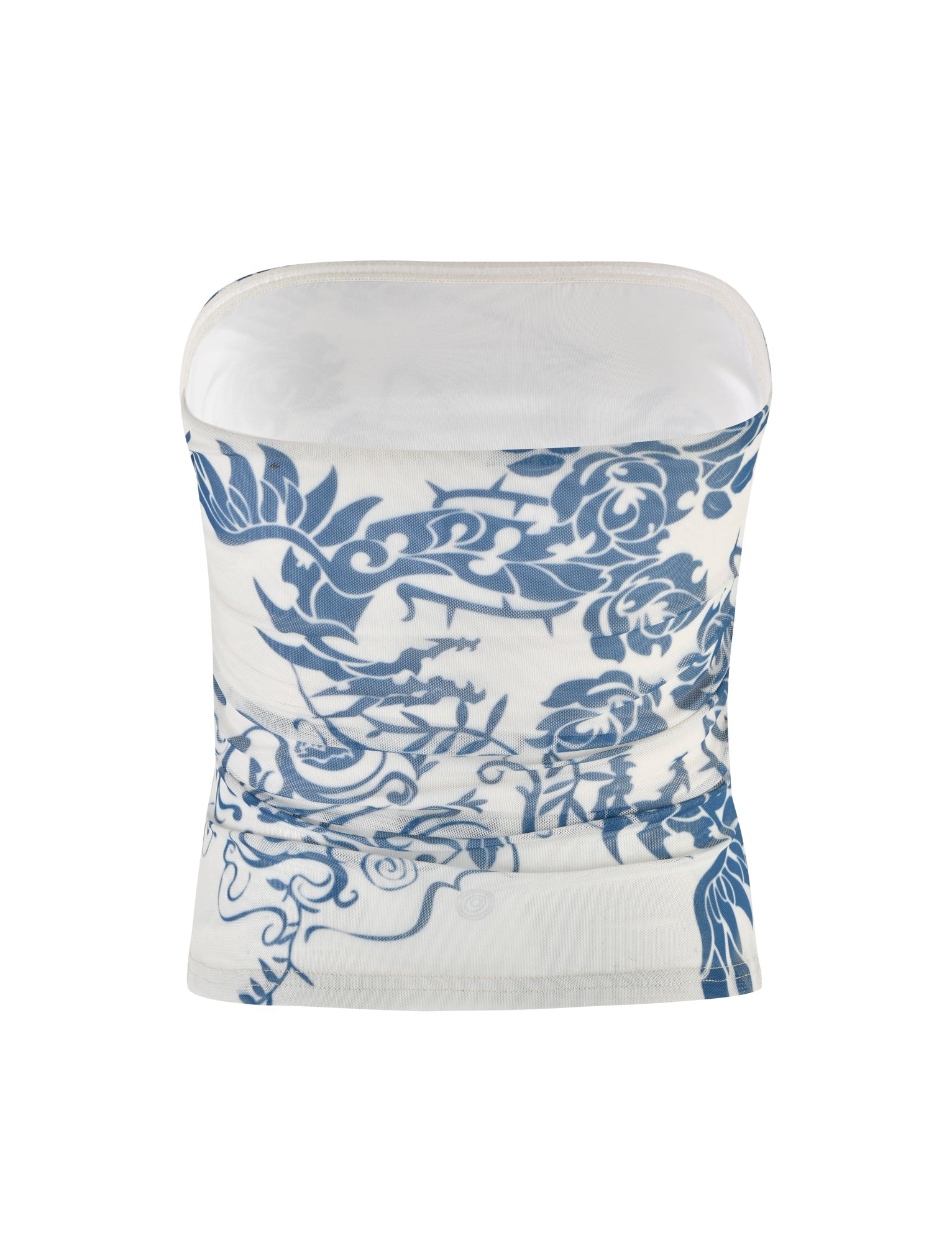 A white neck gaiter featuring a blue floral and vine tattoo print from TIGERMIST. The intricate design combines flowers and flowing lines, creating a stylish and seamless cylindrical appearance.