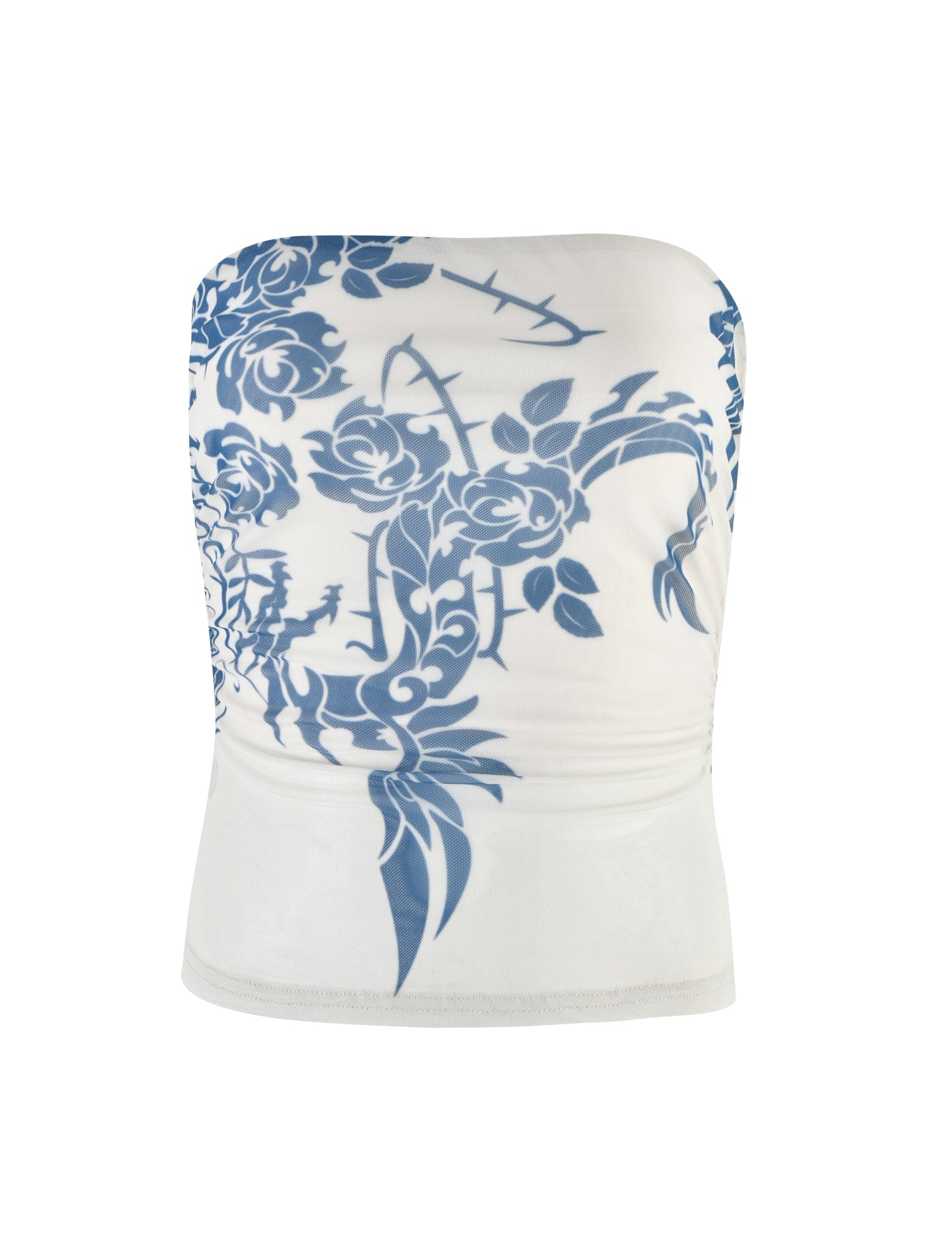 The HARRIETT TUBE TOP from TIGERMIST is a strapless white top adorned with a blue floral and vine pattern. The sides feature ruched fabric for a snug and stylish fit, making it perfect for achieving a chic, summery look.