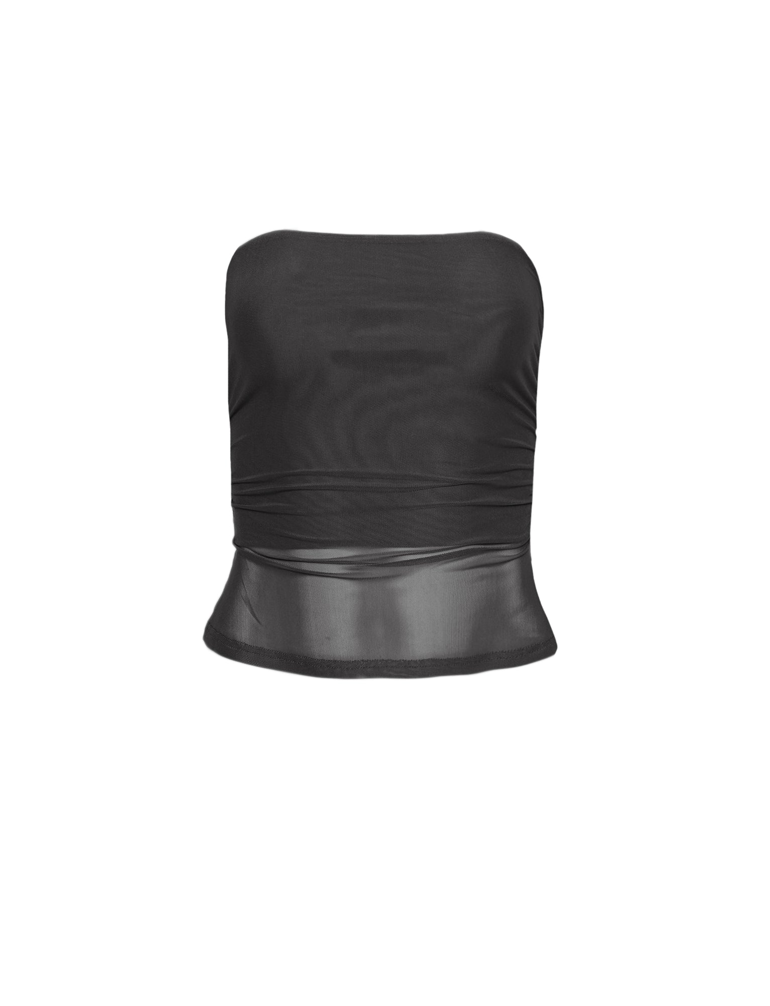 The HARRIETT TUBE TOP - BLACK from TIGERMIST is a strapless mesh tube top with a fitted design and a slight peplum flare at the waist. The see-through fabric includes gathered detailing on the bodice for added texture and style.