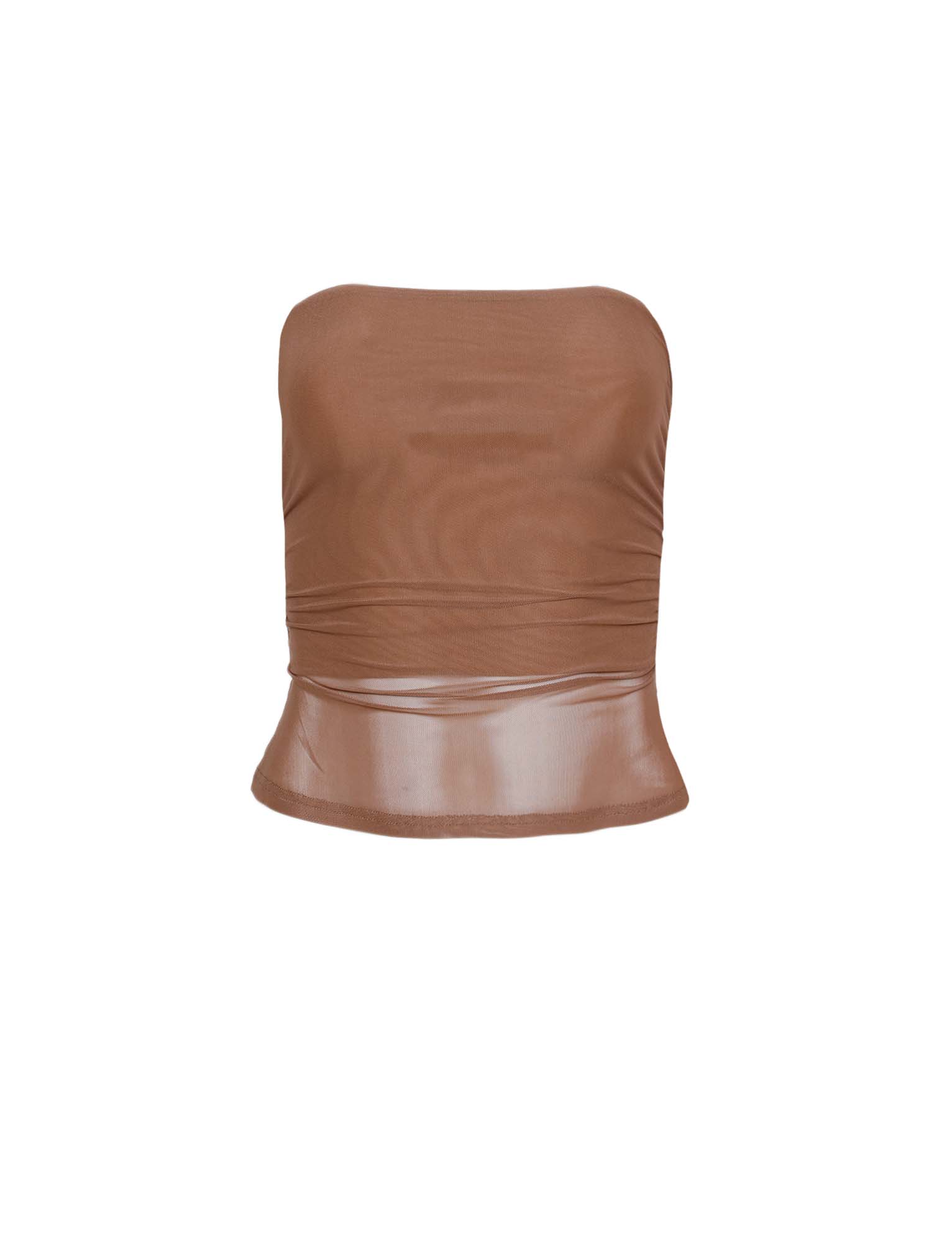 Shown against a white background is the Harriett Tube Top in tan from TigerMist. The top features a fitted design with slight ruching and has a sheer, semi-transparent appearance, especially near the hem.