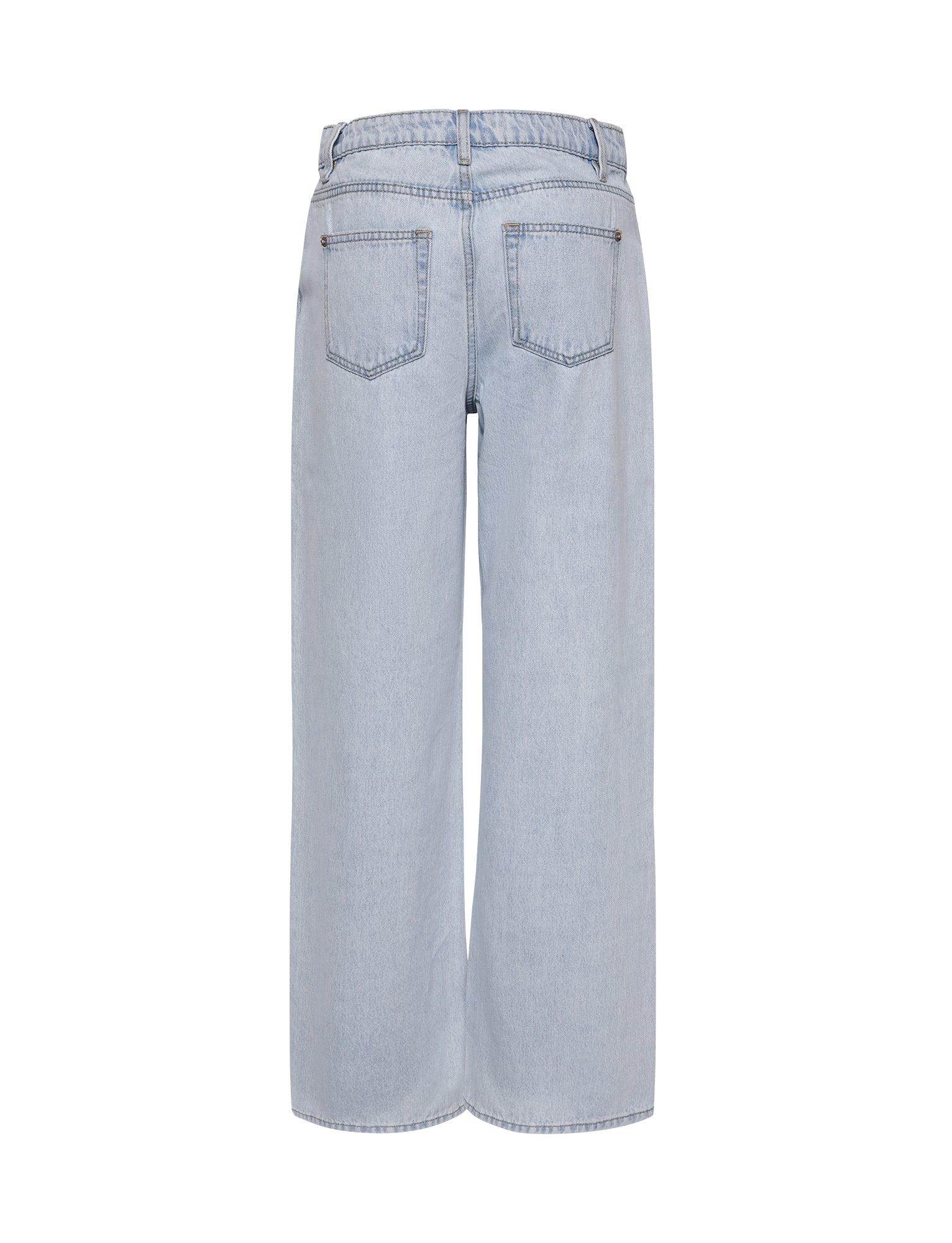 Back view of the FELIX JEAN - BLUE: LIGHT DENIM from TIGERMIST, showcasing two back pockets and a wide, straight-leg cut. These high-waisted jeans feature a slightly worn, vintage appearance with subtle seam details and belt loops.