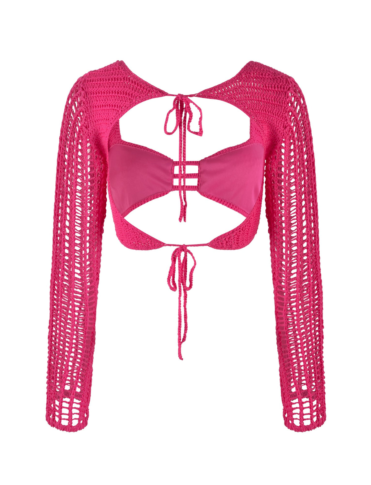The MACAULEY TOP - PINK : HOT PINK from TIGERMIST is a bright pink crochet long-sleeve design, showcasing an open back with tie closures. This bodycon silhouette displays intricate open patterns and comes with a matching pink bralette featuring tie closures at the back and neck.