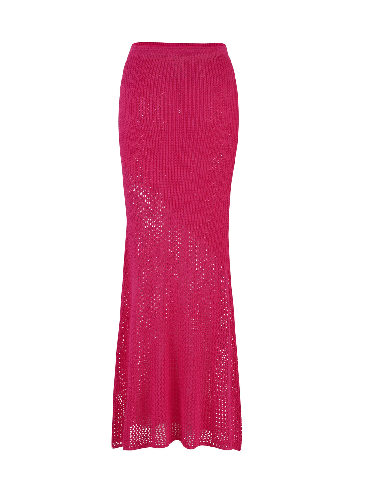 The MACAULEY SKIRT - PINK : HOT PINK by TIGERMIST is an ankle-length, crochet piece in a vibrant hot pink hue. It features a bodycon silhouette that flares slightly towards the hem, adorned with a delicate patchwork crochet pattern adding both texture and a semi-sheer appearance.