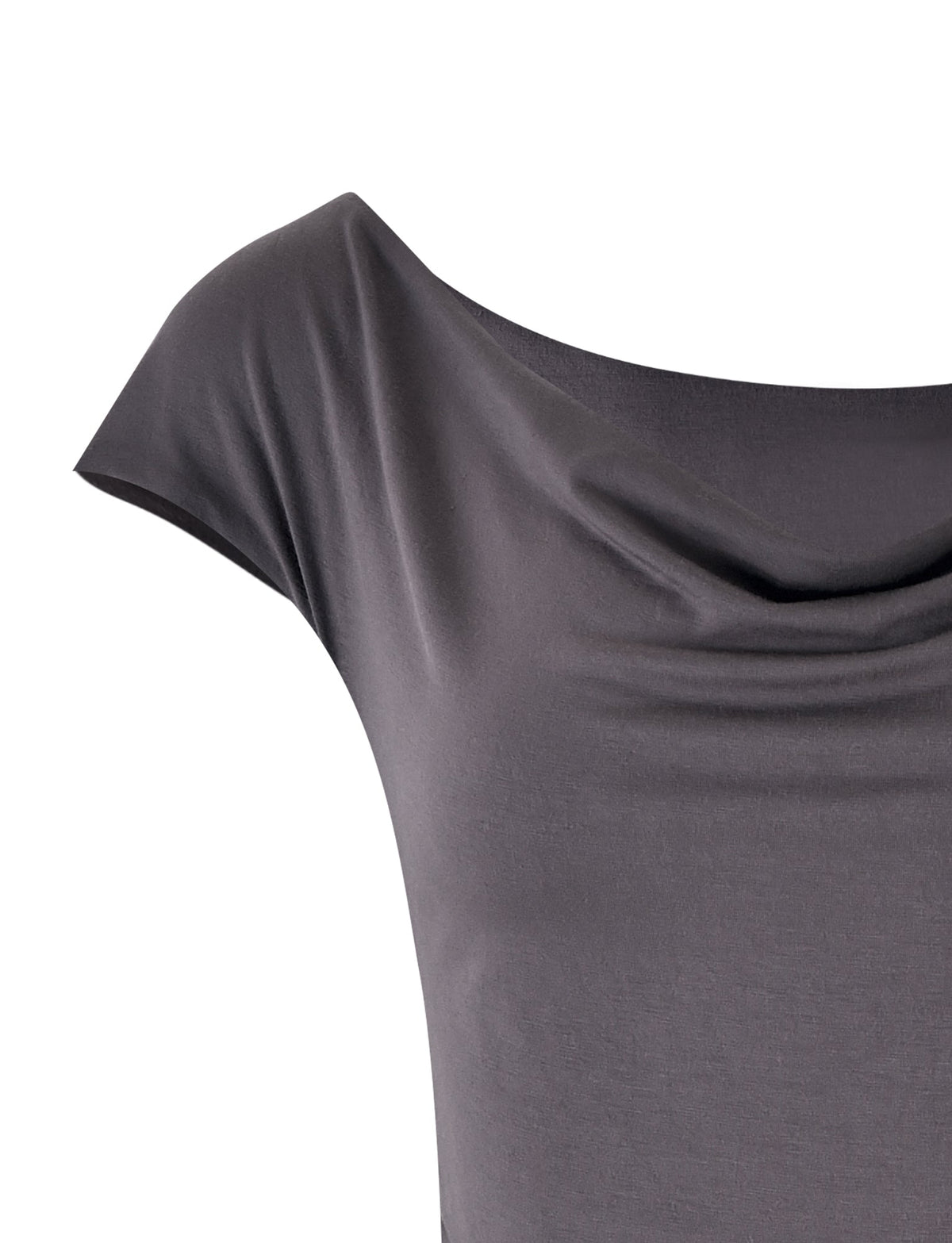 A close-up of the COBI JERSEY TANK - GREY in Steel Grey from TIGERMIST. The sleeveless top is made of a soft, draping fabric with a wide neckline that forms gentle, smooth folds, giving it a relaxed and elegant appearance. The shot focuses on the upper part of the tank, highlighting its texture and drape.