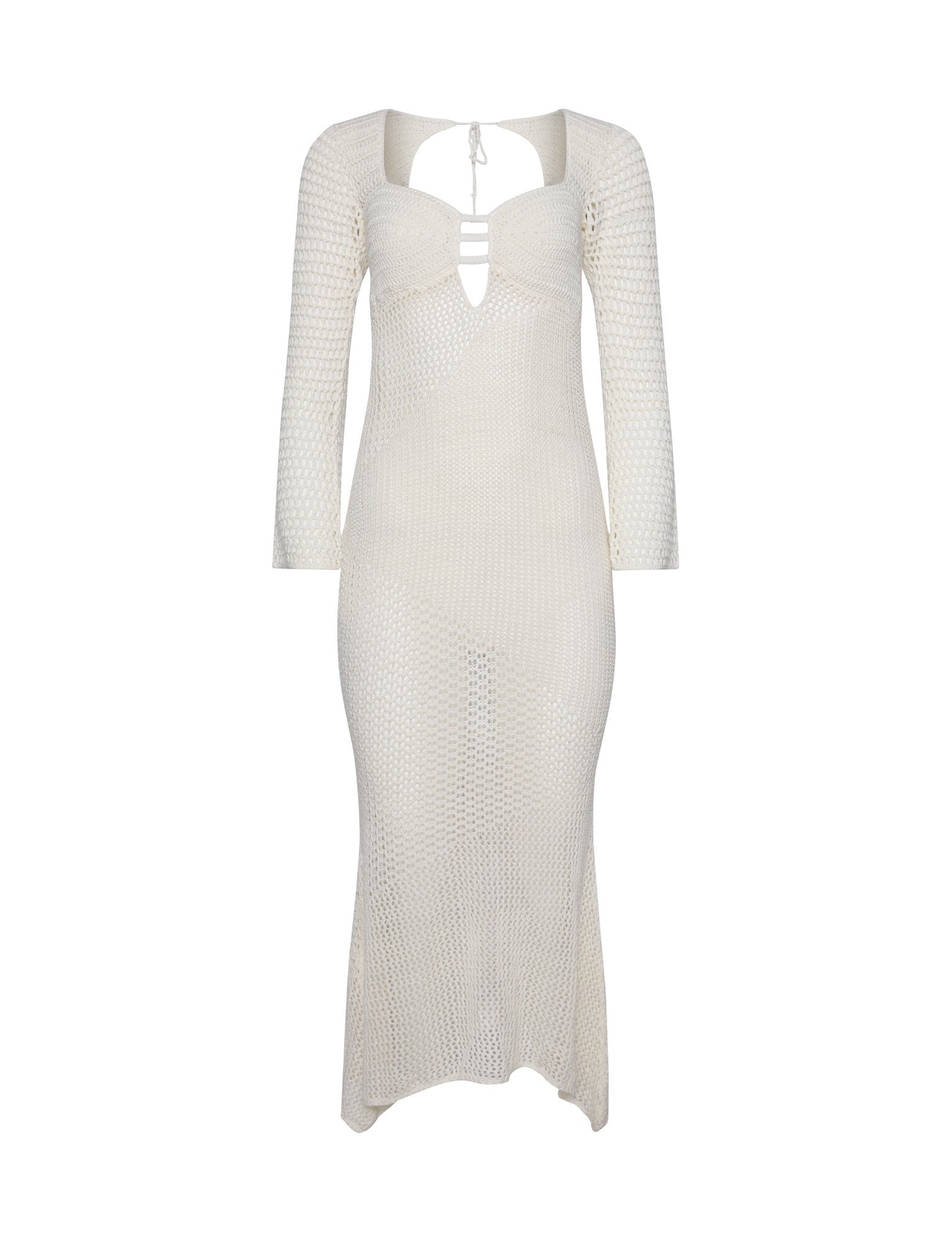 The Macauley Dress from Tigermist is a knee-length, long-sleeve crochet dress in a white-cream color. It features a scoop neckline and an open front tied with a string at the chest. The dress offers a fitted silhouette and showcases intricate knit patterns that create a semi-transparent appearance.
