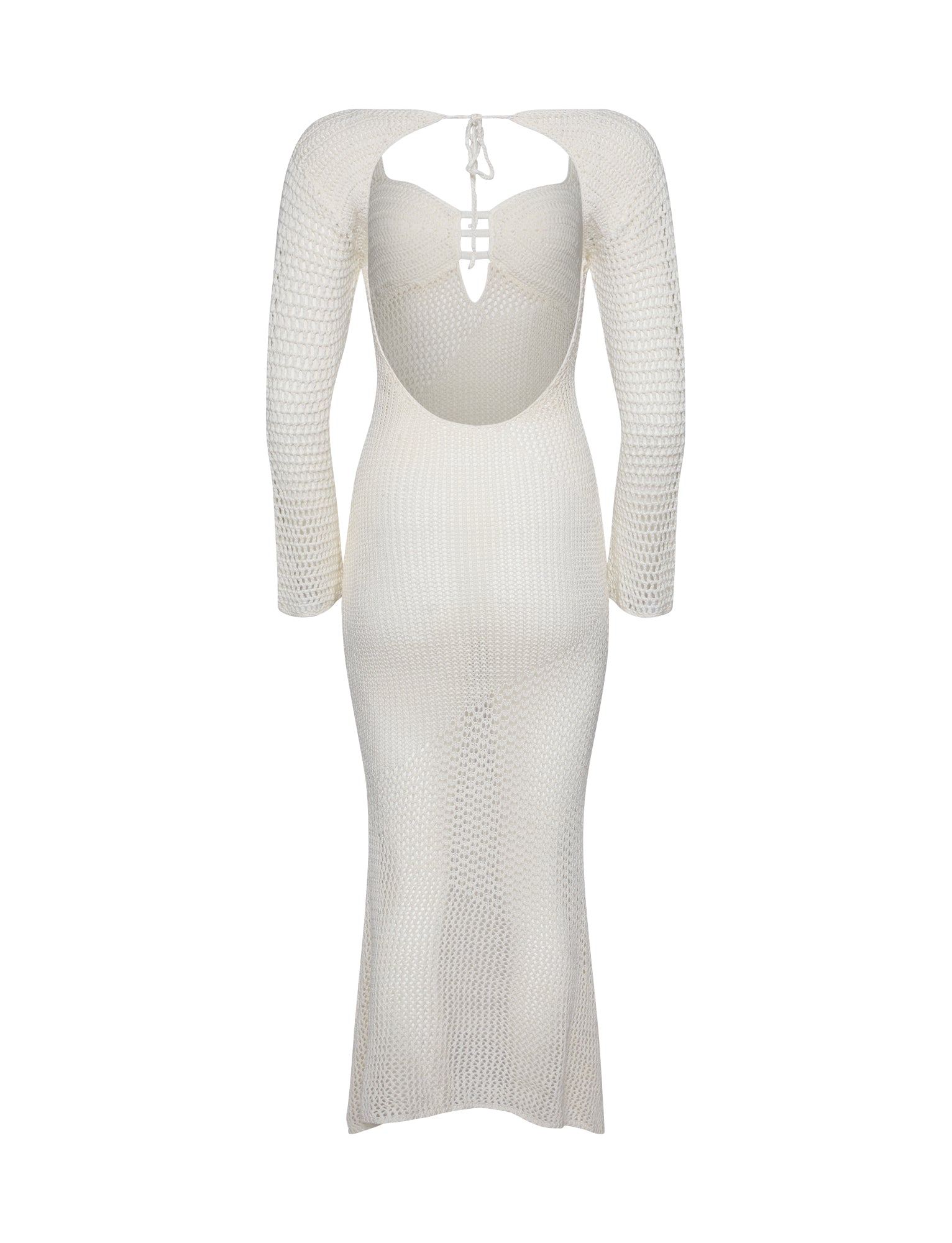 Introducing the Macauley Dress in Cream by TIGERMIST, a chic and elegant long-sleeved crochet dress with a fitted silhouette. This off-white piece features an open back with intricate lace-up detailing and a keyhole cutout below the neckline, extending to a midi length. It perfectly blends sophistication with a stylish bohemian vibe.