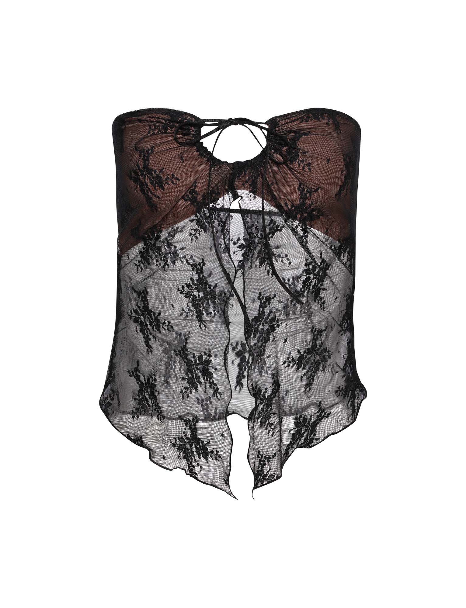A front view of the KAROLINA TOP - BLACK from TIGERMIST, showcasing its strapless black and sheer lace design adorned with delicate floral patterns. The top features a keyhole opening near the neckline secured with a thin tie string, and an asymmetrical, slightly flared hem.
