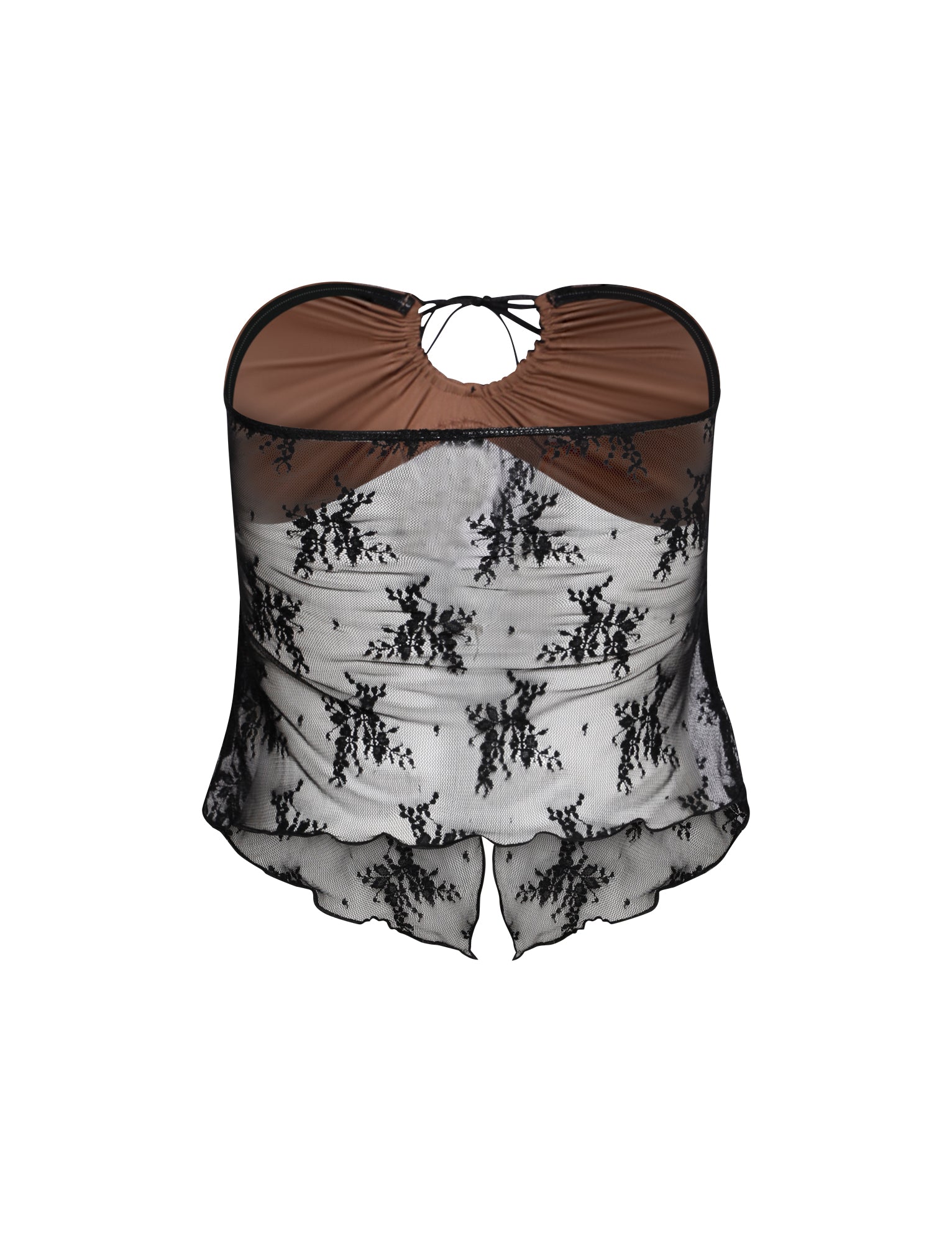 The KAROLINA TOP - BLACK from TIGERMIST is a backless, strapless garment made of black lace with a floral pattern and sheer overlay. The top is designed with a halter-neck tie that features a small keyhole opening at the neckline, creating a delicate and elegant appearance.