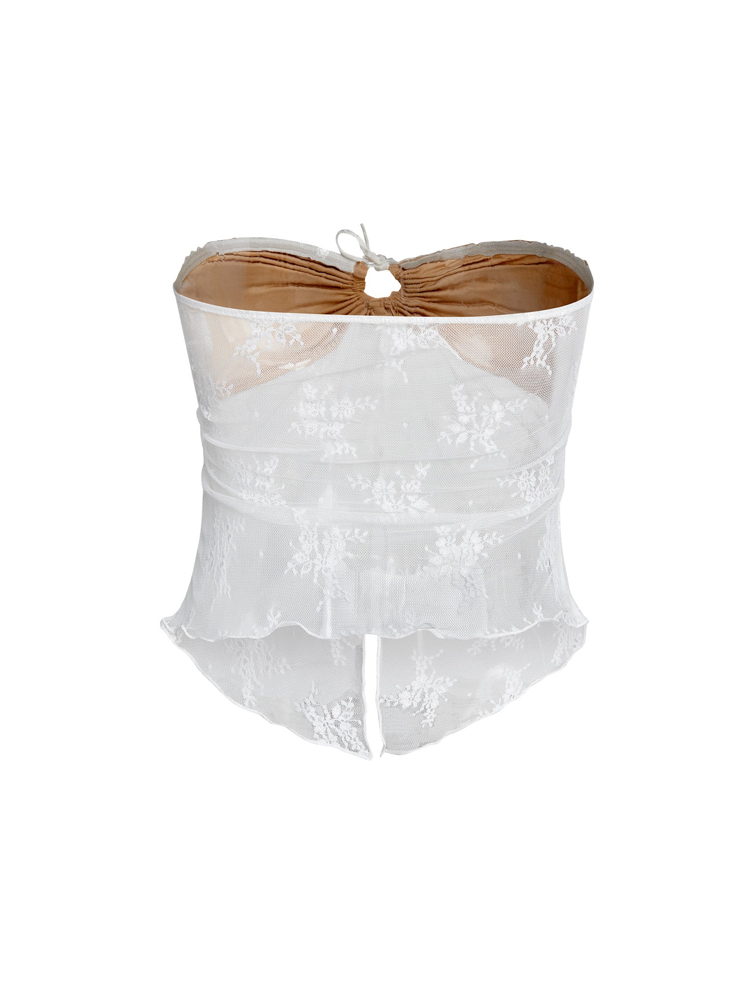 The KAROLINA TOP - WHITE from TIGERMIST is a stunning white lace strapless corset adorned with a floral pattern. It features a sweetheart neckline and a hook and eye closure at the front. The sheer design is elegantly finished with a scalloped hem and a decorative bow at the top center.