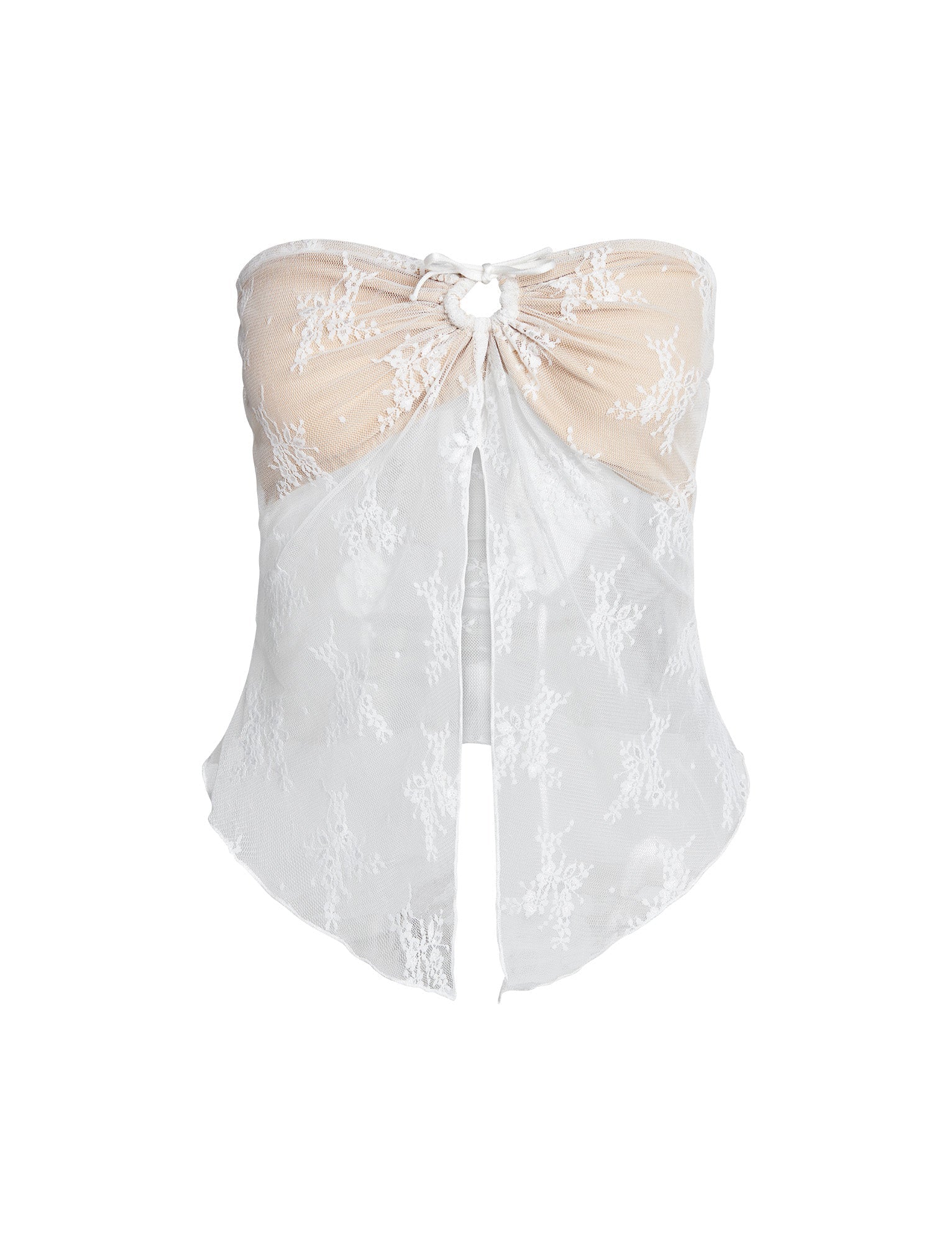 The KAROLINA TOP - WHITE from TIGERMIST is a white lace strapless top adorned with delicate floral embroidery. It features a sweetheart neckline and a small central cutout near the bust. The bodice is fitted and flares slightly at the waist, showcasing a semi-transparent, flowing texture.