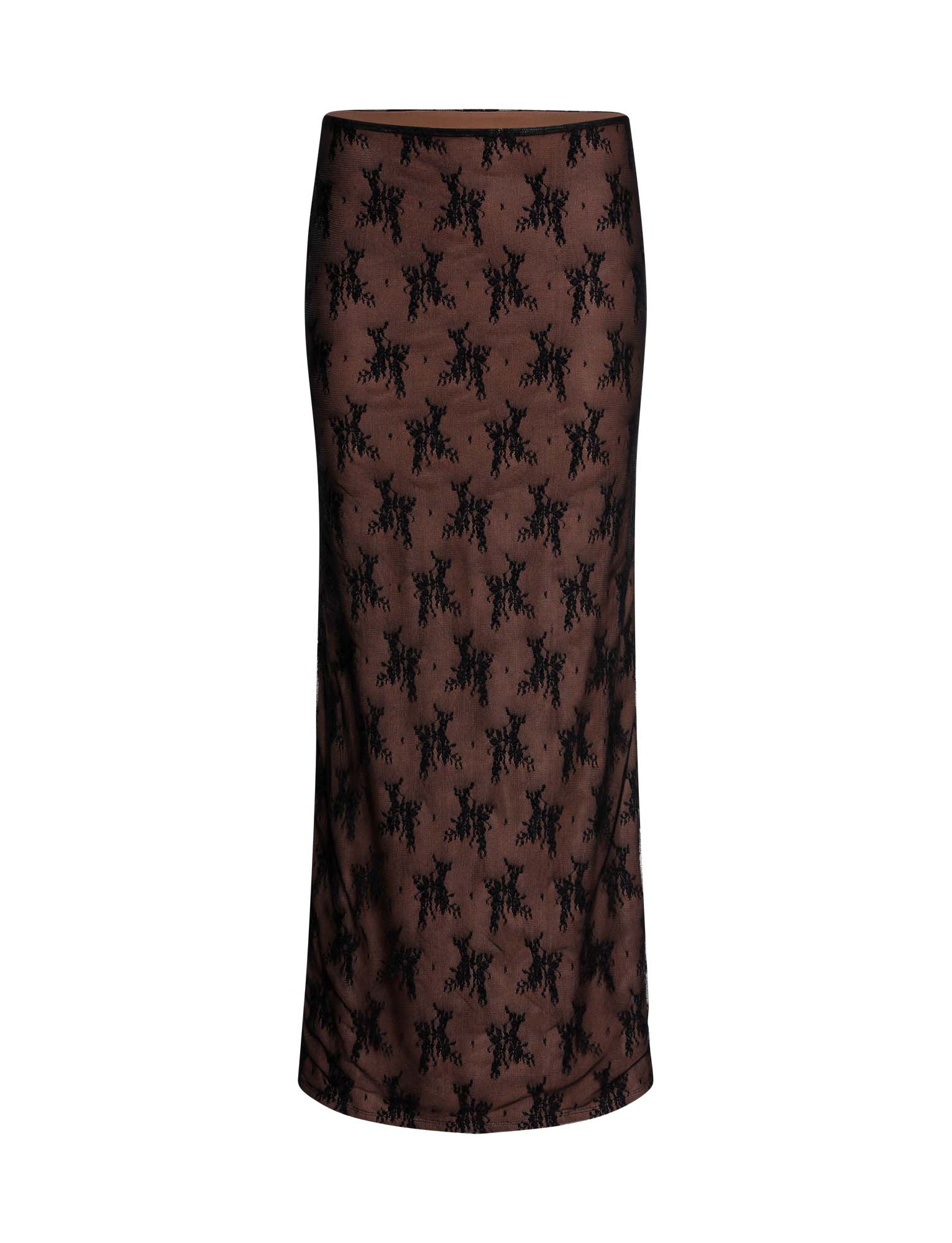 The KAROLINA SKIRT - BLACK by TIGERMIST is a brown, knee-length skirt featuring a black floral lace pattern overlay, offering a textured and elegant look. It boasts a fitted silhouette and is designed without visible seams or embellishments, standing out beautifully against the white background.