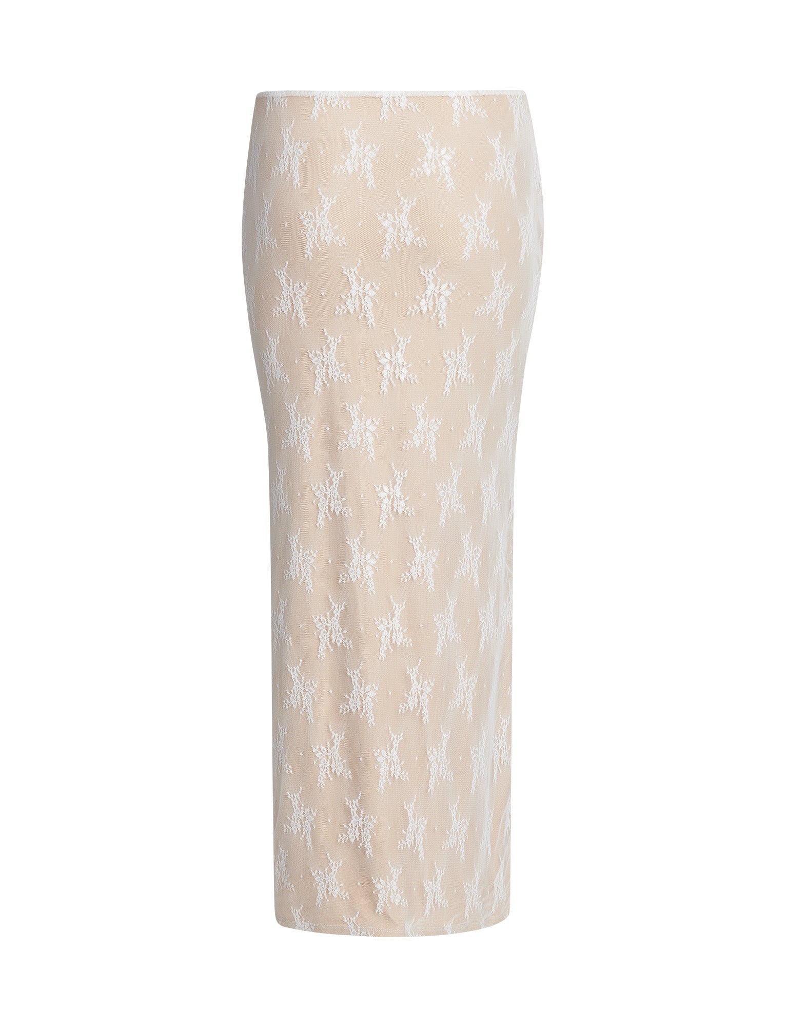 Introducing the KAROLINA SKIRT by TIGERMIST: a white lace pencil skirt with a straight silhouette, adorned with an intricate floral pattern throughout. The lightweight fabric extends below the knee and showcases a clean, minimalist design without any visible seams, zippers, or pockets.