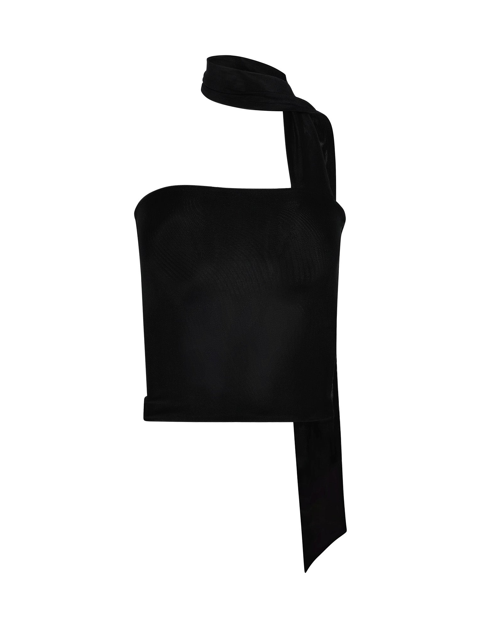 The CHRYSLER TOP - BLACK by TIGERMIST is a stylish one-shoulder top featuring an asymmetrical design. The fabric elegantly wraps around the neck, creating a draped effect on one side. This fitted and strapless top offers a modern and chic look.