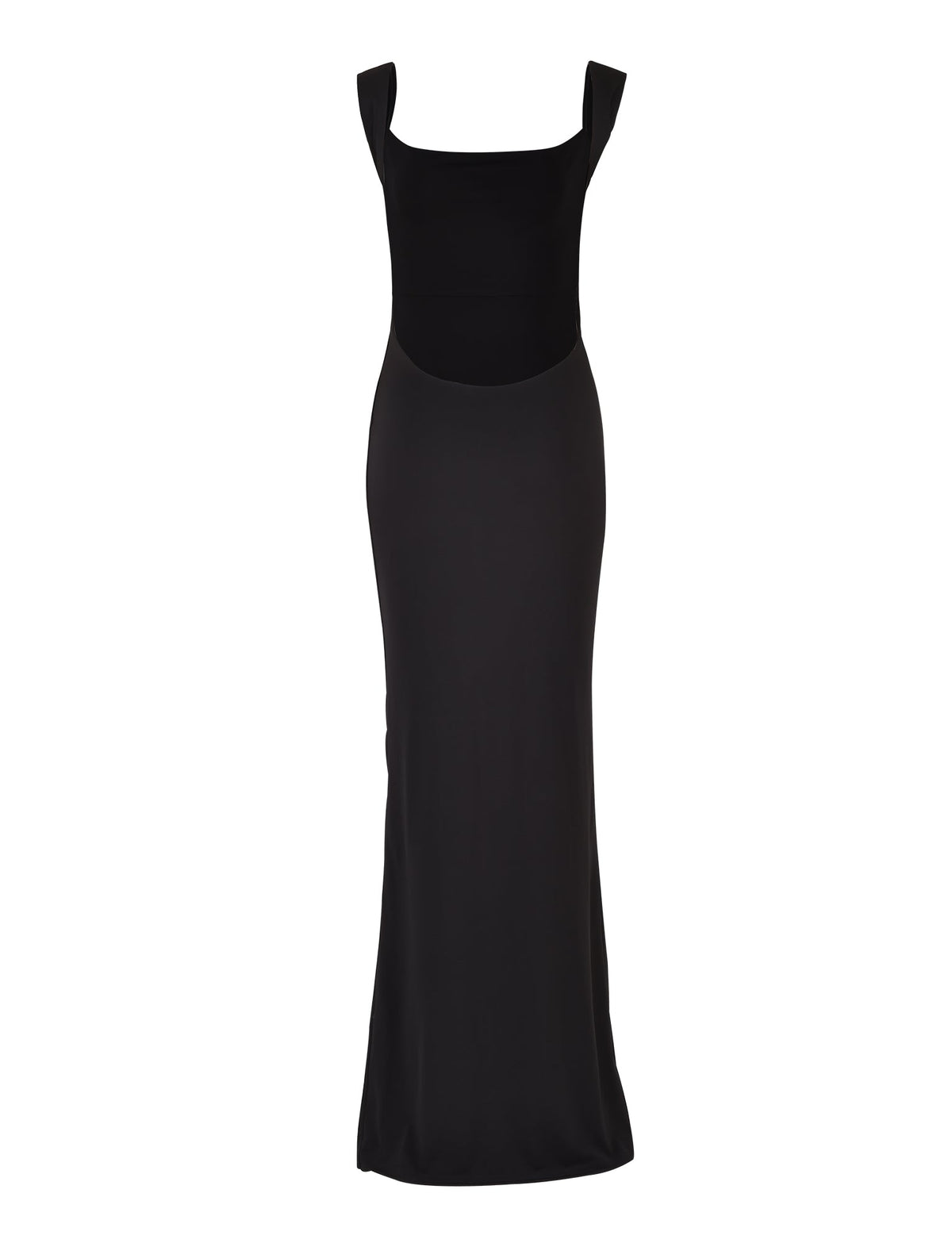 A long, sleeveless MORANA DRESS - BLACK from TIGERMIST features a squared neckline and a form-fitting silhouette. This elegant and minimalist design is perfect for formal occasions.