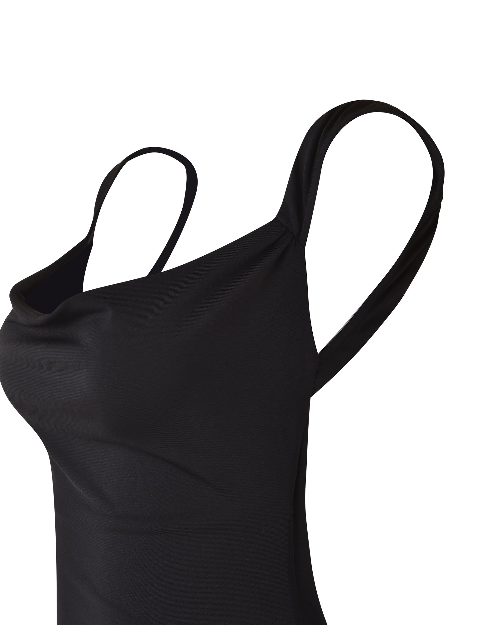 The MORANA DRESS - BLACK by TIGERMIST showcases a draped neckline and thin shoulder straps, set against a white background. The smooth, form-fitting fabric highlights its elegant and simple design.