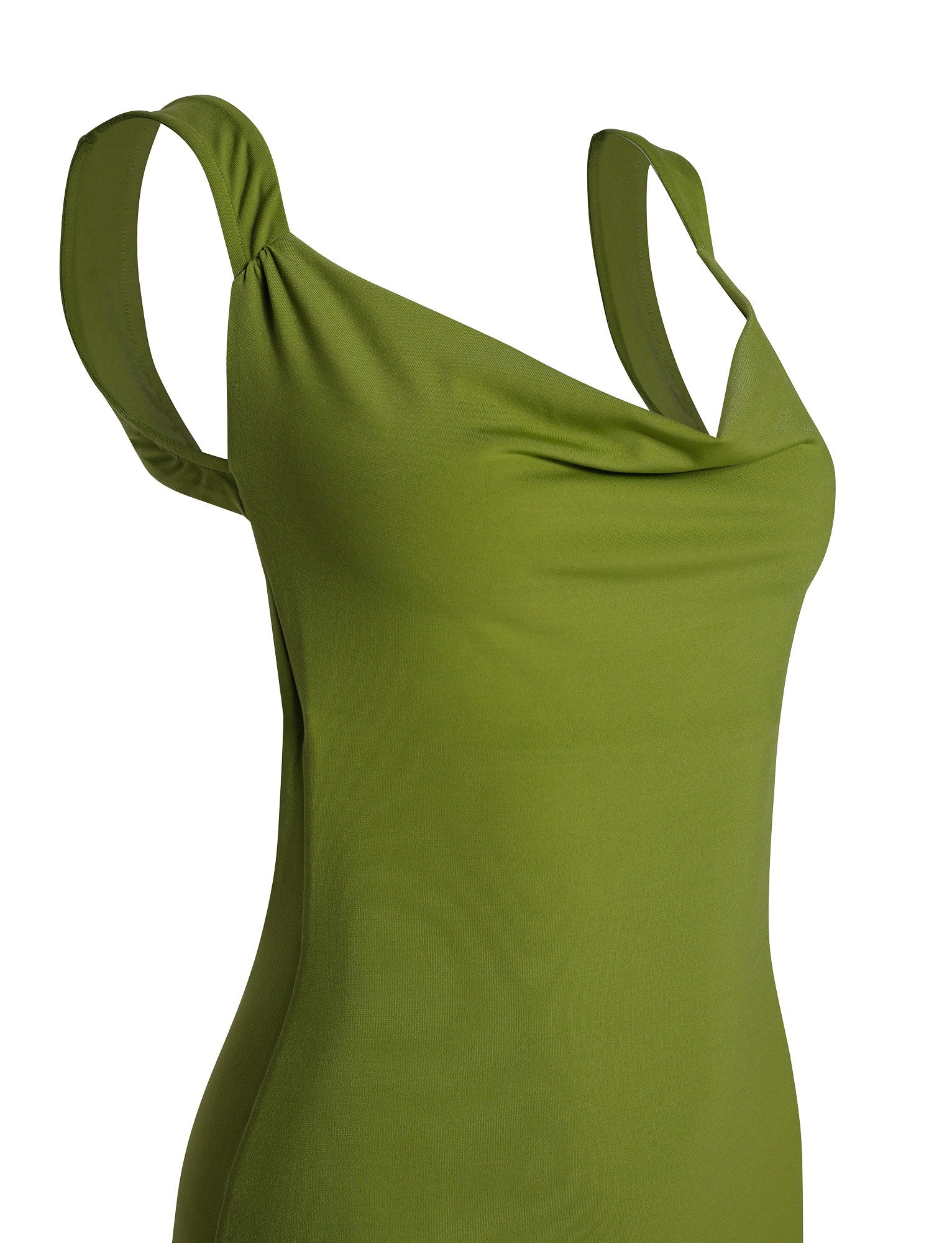 Introducing the MORANA DRESS in Pastel Green by TIGERMIST. This sleeveless dress features an asymmetrical design and a draped neckline. Crafted from a smooth, form-fitting fabric, it showcases wide shoulder straps and a minimalist aesthetic. The dress is elegantly displayed against a plain white background.