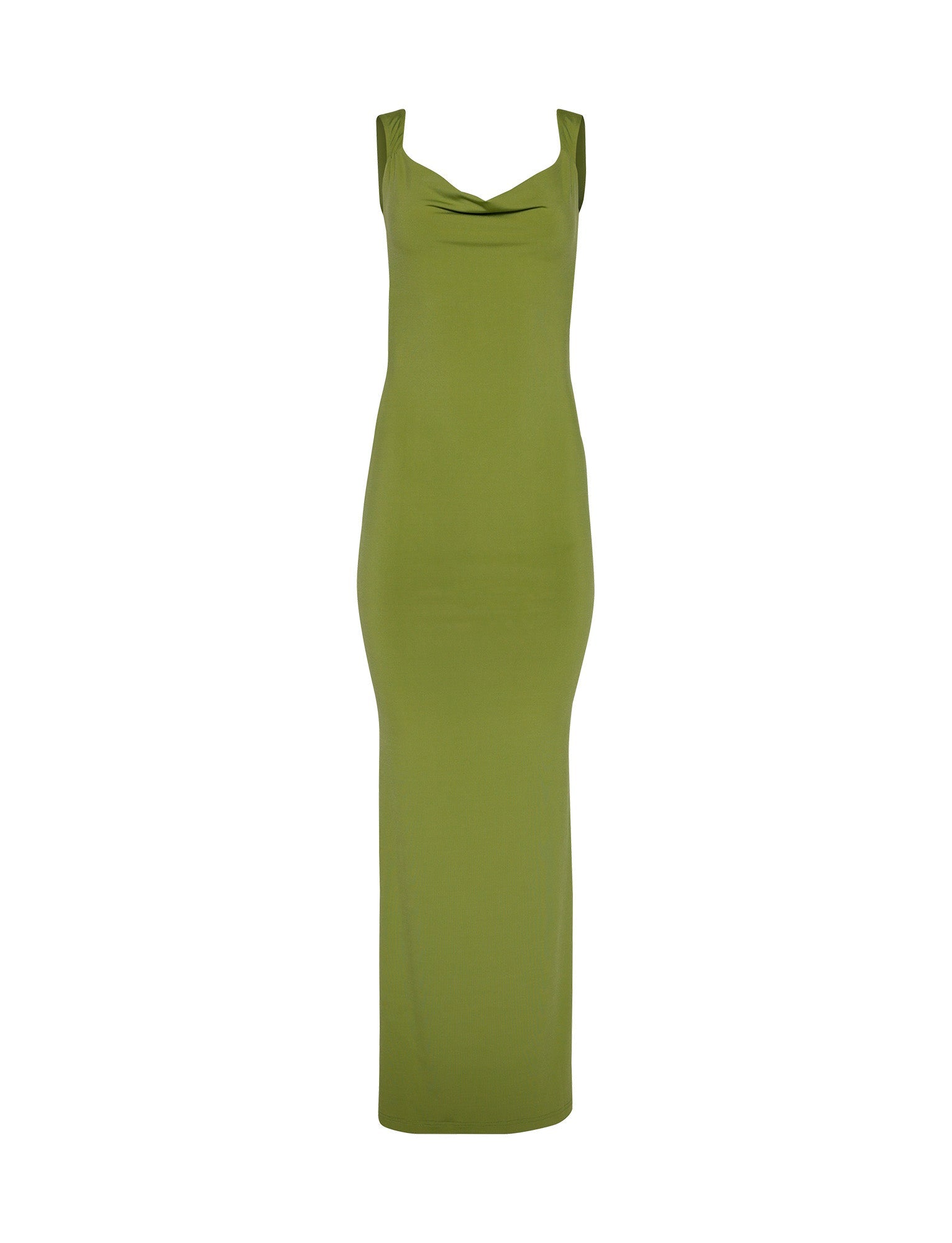 The MORANA DRESS by TIGERMIST is a long, sleeveless pastel green dress with a draped neckline and a form-fitting silhouette. Its simple yet elegant design extends down to the ankles.