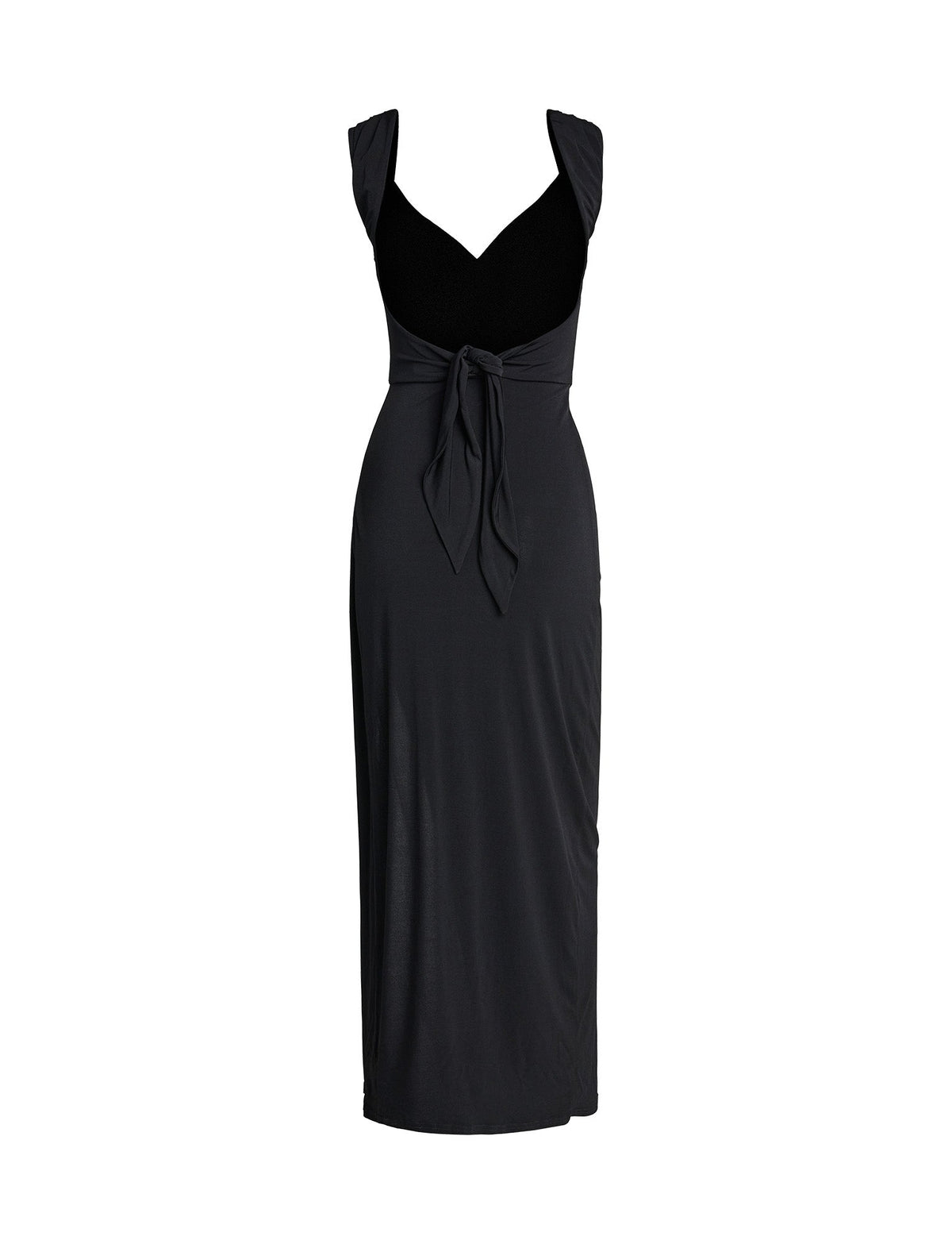 The JOSLIN MAXI DRESS - BLACK by TIGERMIST is a sleeveless, long black dress that features a fitted bodice, V-neck, and wide shoulder straps. It boasts a knotted tie detail at the waist and falls to mid-calf length with a straight, flowing skirt.