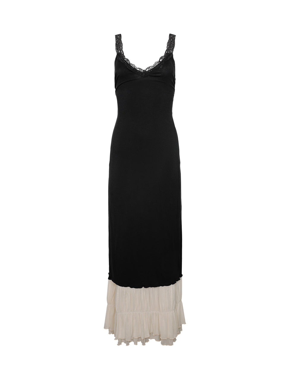 The Kacie Dress - Black by TigerMist is a sleeveless long dress showcasing a black lace-trimmed bodice and a fitted silhouette, which transitions into a flowing, off-white tiered hem. This dress elegantly combines contrasting colors for a chic and sophisticated look.
