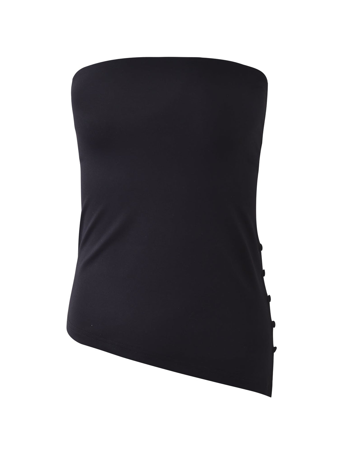 The INDIRA TOP - BLACK from TIGERMIST is a black, strapless asymmetrical top with side button details, featuring a straight neckline and a slightly angled hem for a modern and stylish touch.