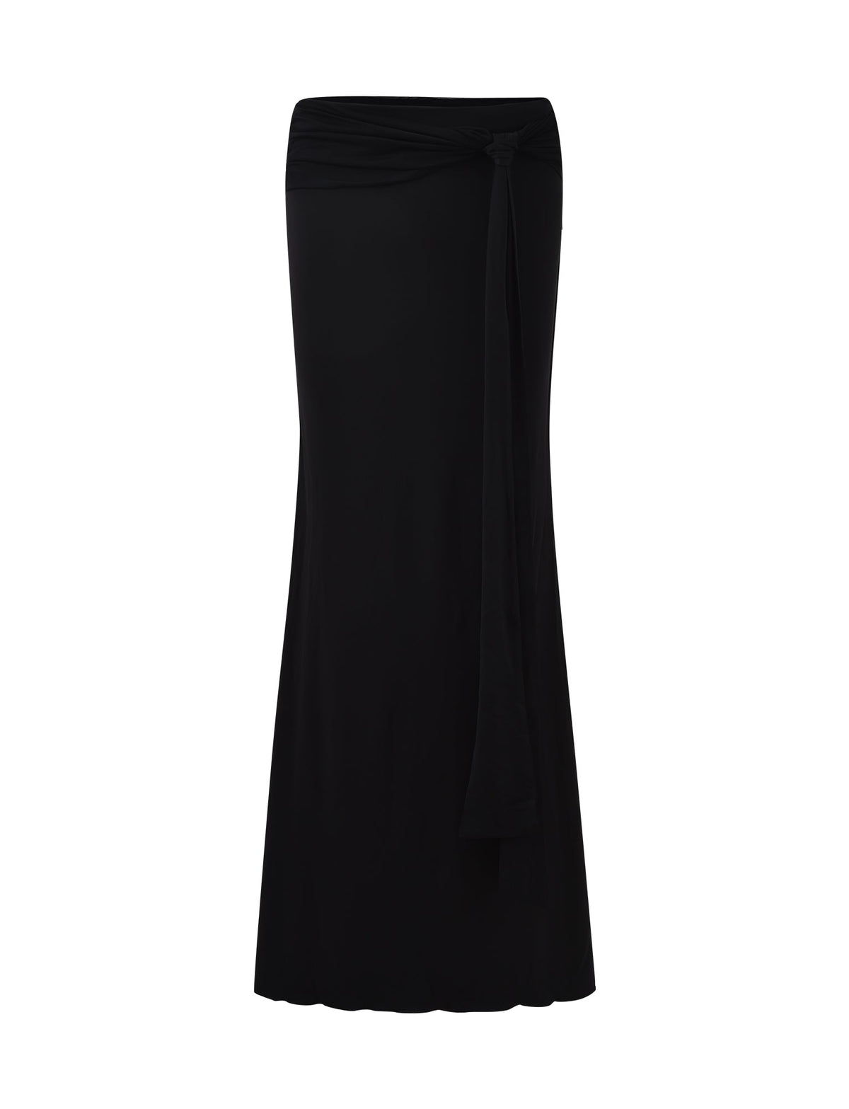 The MIST SKIRT - BLACK by TIGERMIST is a long, slim-fit skirt that boasts a high waistband and a knot detail with a hanging tie at the waist, creating a subtle draped effect. It features a slight flare at the bottom and has a smooth texture, embodying TIGERMIST's signature style.