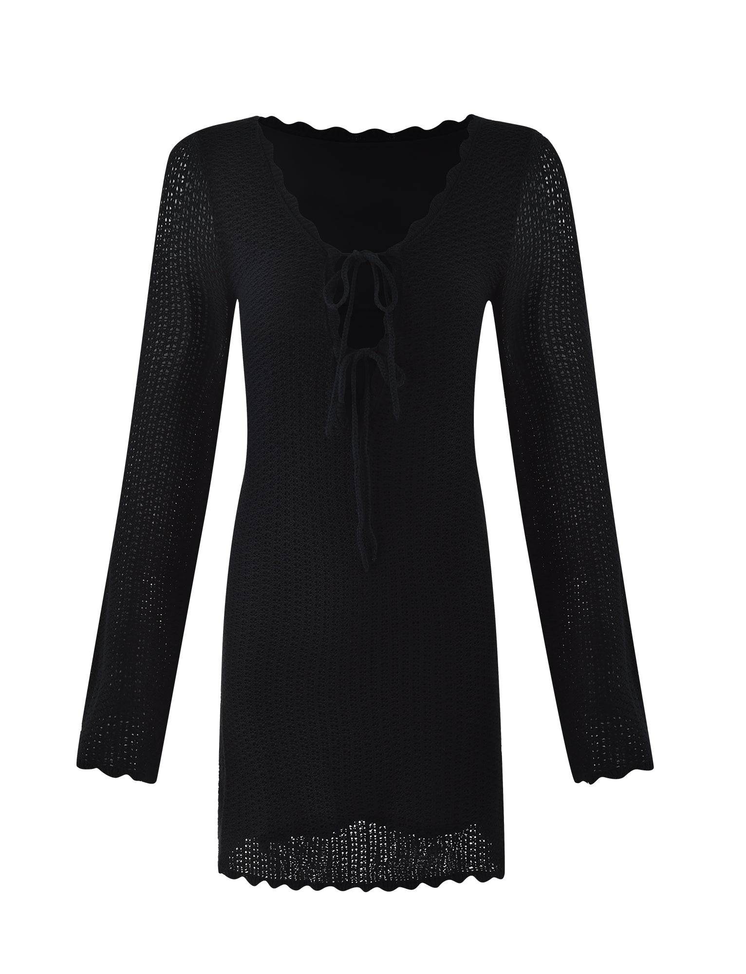 The TEREZA DRESS - BLACK by TIGERMIST features a crochet long-sleeve design with a scalloped V-neckline and tie front. Its semi-sheer, open-knit construction extends to the hem and sleeve cuffs, offering a casual and breezy aesthetic.