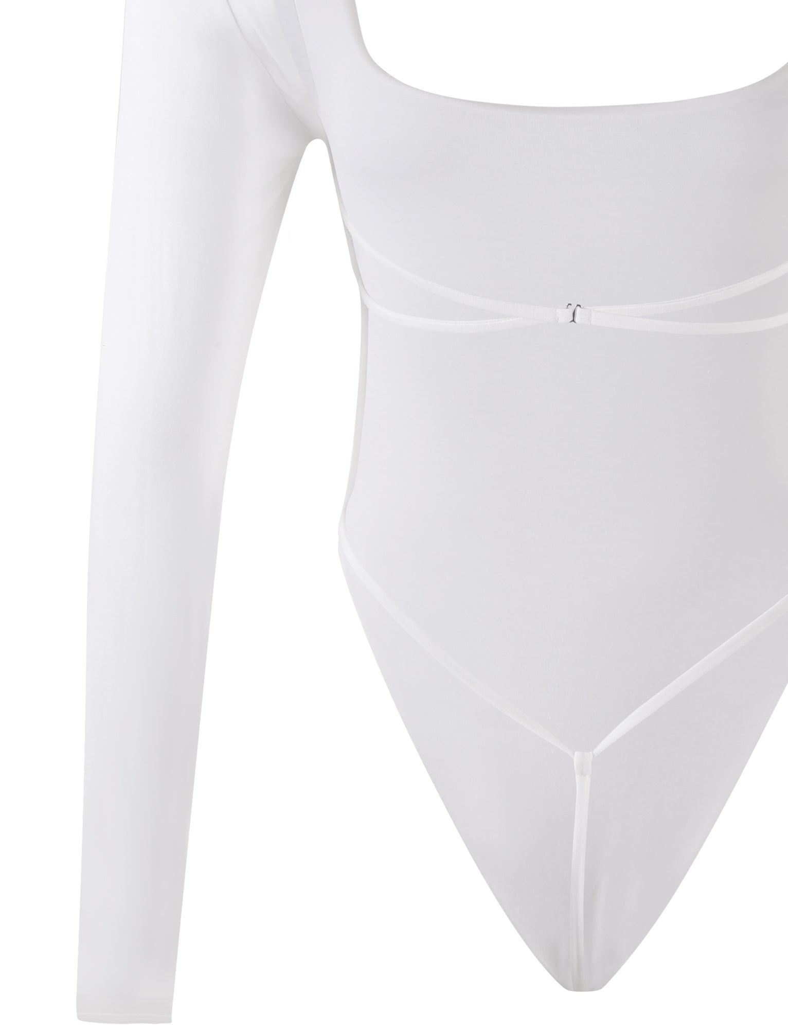 A close-up image showcasing the MINERVA LONG SLEEVE BODYSUIT - WHITE by TIGERMIST. This bodysuit features a scoop neckline and high-leg cut, accented with two thin straps extending below the bust for added design detail.