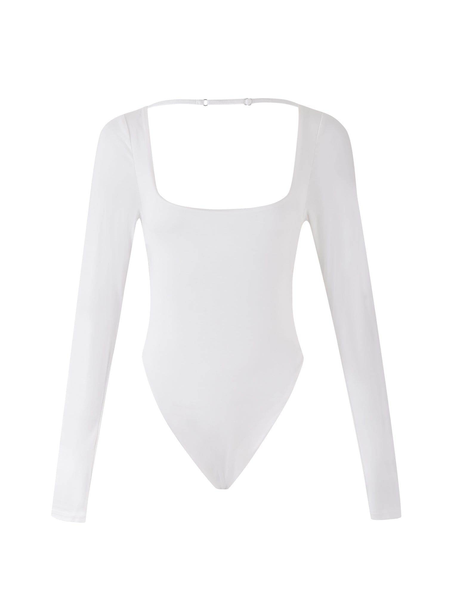 The MINERVA LONG SLEEVE BODYSUIT - WHITE from TIGERMIST features a square neckline and snap button closures at the bottom. The fabric appears smooth and slightly reflective, while the bodysuit boasts a minimalist, form-fitting design.