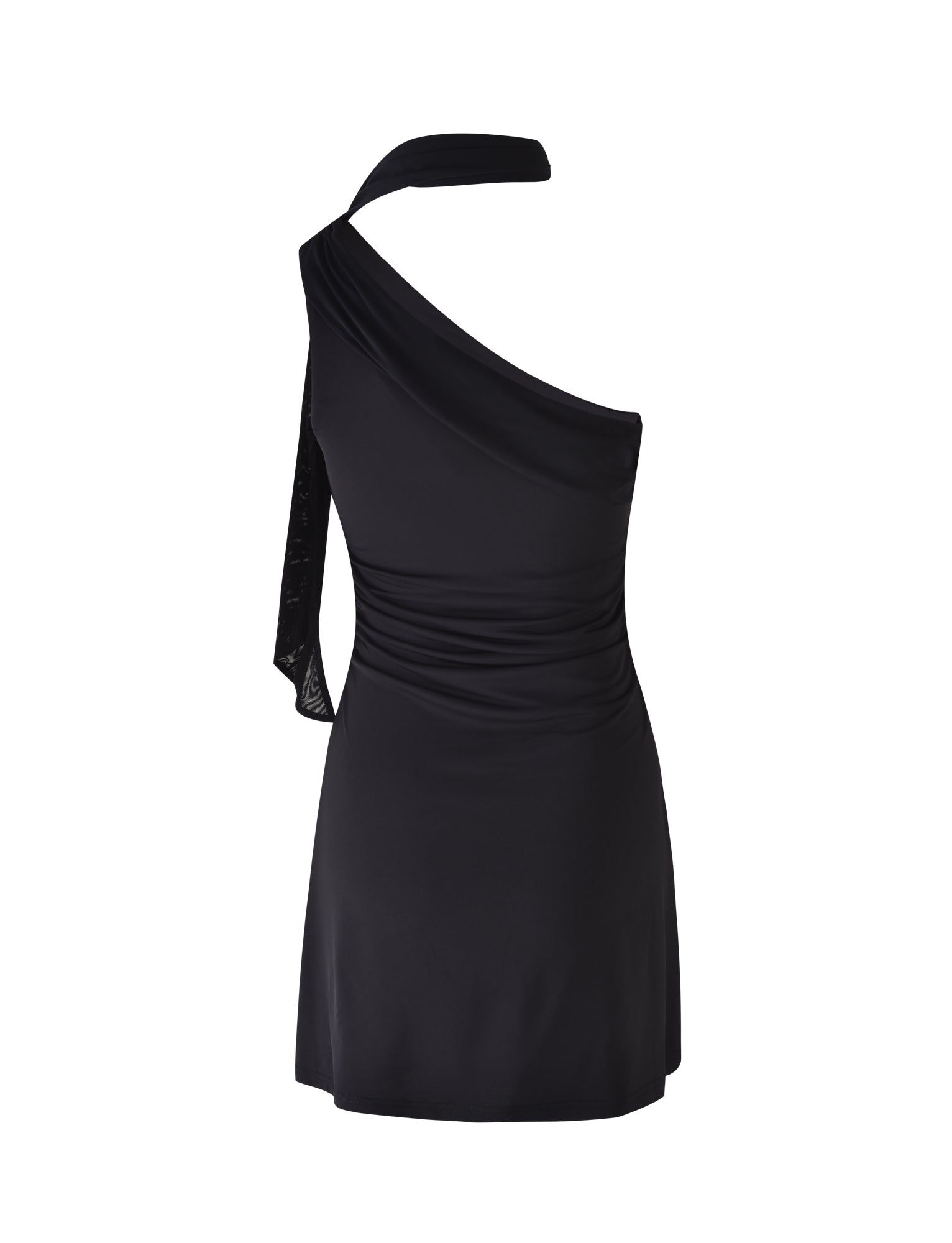 The ALLIRA DRESS - BLACK by TIGERMIST is a chic, black one-shoulder dress featuring a fitted bodice and ruched detailing on one side. The single strap extends over the right shoulder, leaving the left shoulder exposed, and the hemline falls slightly above the knee.