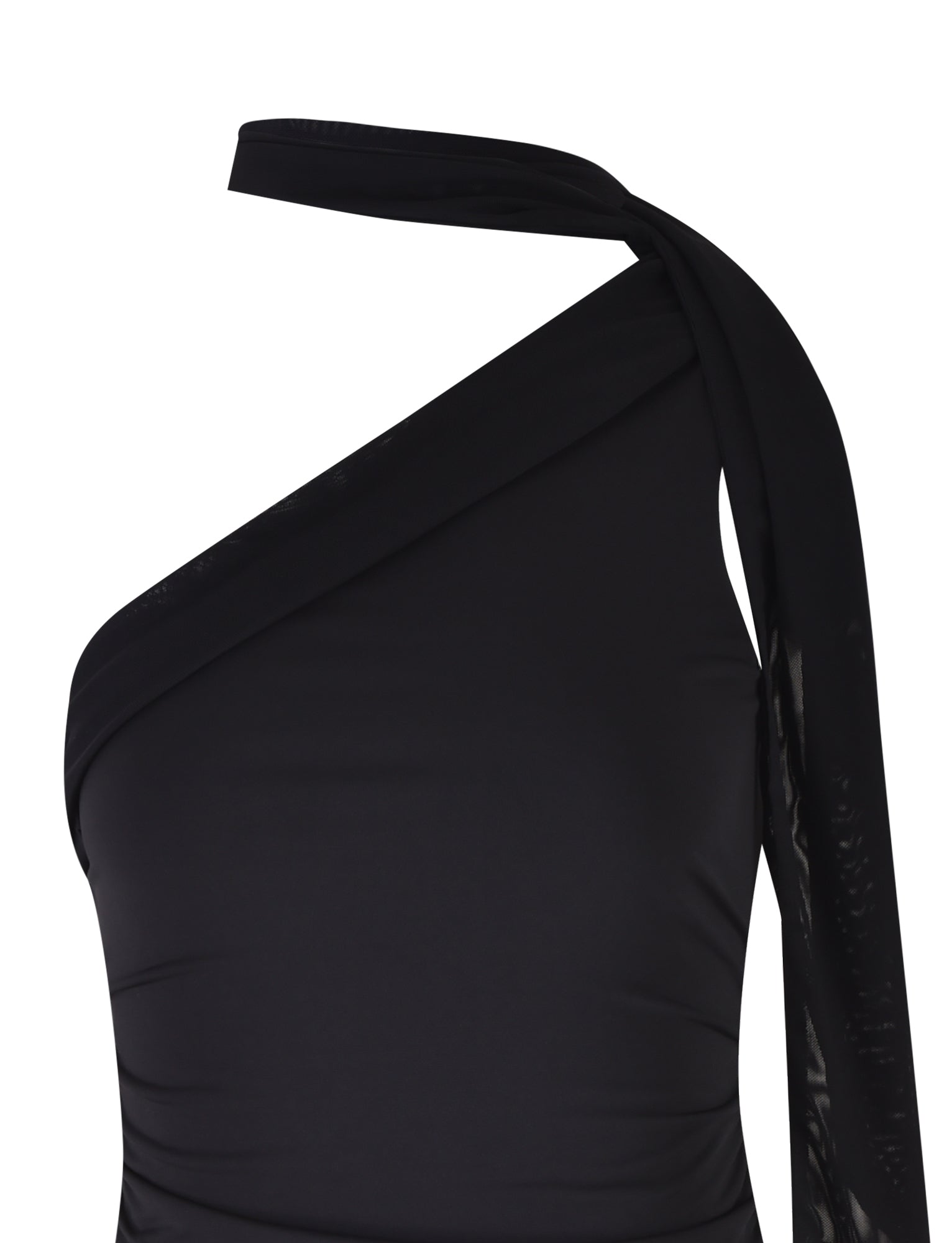 A close-up of the ALLIRA DRESS - BLACK by TIGERMIST. The dress showcases a distinctive design with a single strap that wraps around the neck, forming an asymmetrical neckline. Its fabric boasts a smooth and slightly shiny texture, lending an elegant appearance.