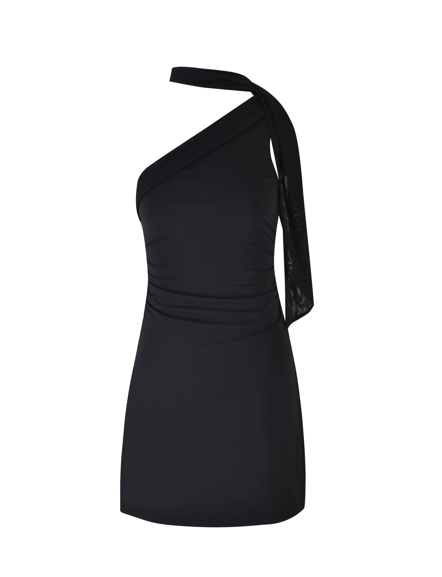 The ALLIRA DRESS - BLACK by TIGERMIST is a stylish, one-shoulder mini dress featuring an asymmetrical neckline and a draped tie detail on the right shoulder. Its fitted silhouette accentuates the body's shape, exuding a chic, contemporary design perfect for special occasions.