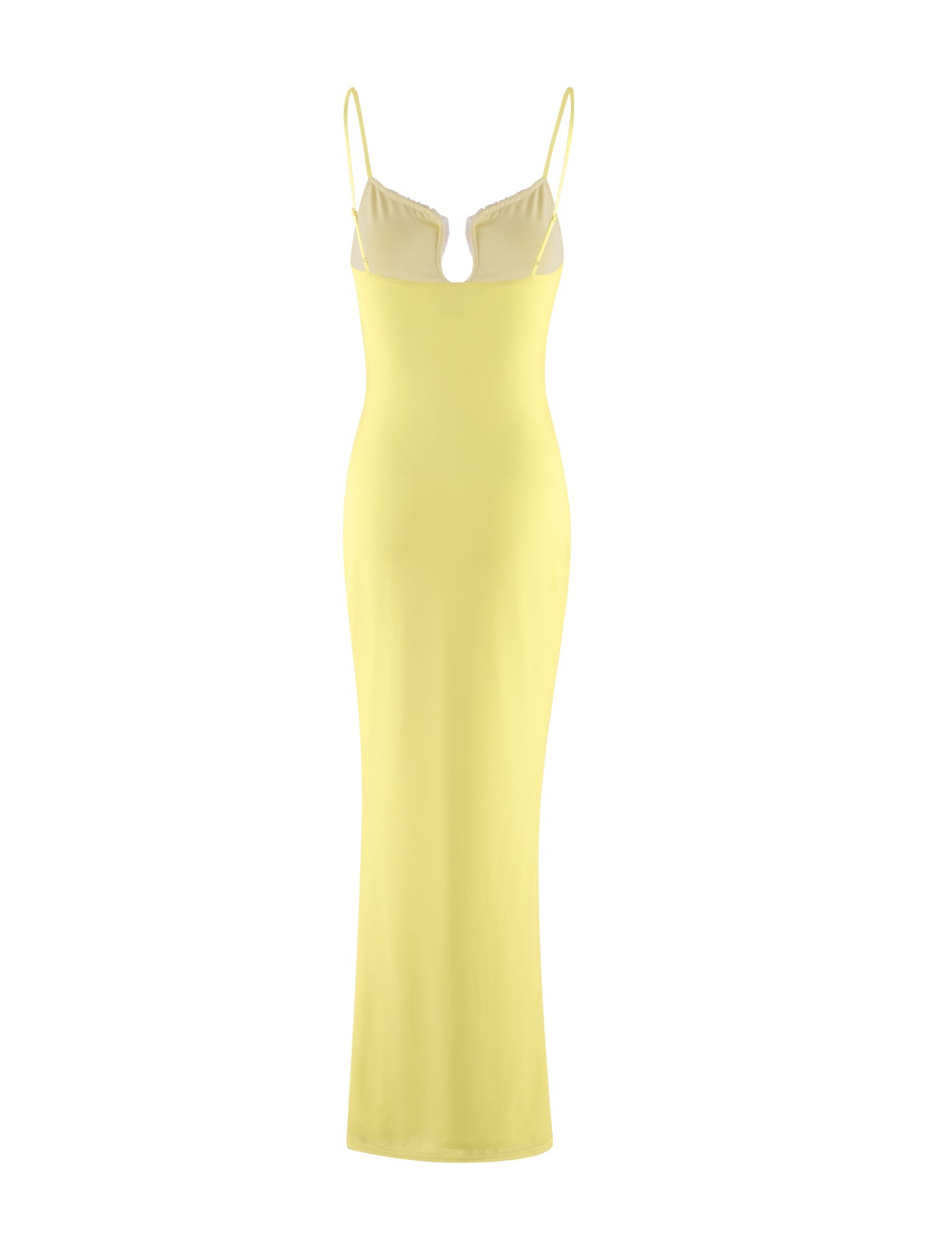The MIARA DRESS - YELLOW by TIGERMIST is a full-length, fitted pale yellow dress featuring thin spaghetti straps and a V-shaped neckline. With its sleek and elegant design, it is perfect for formal occasions. The dress is displayed against a plain white background for emphasis.